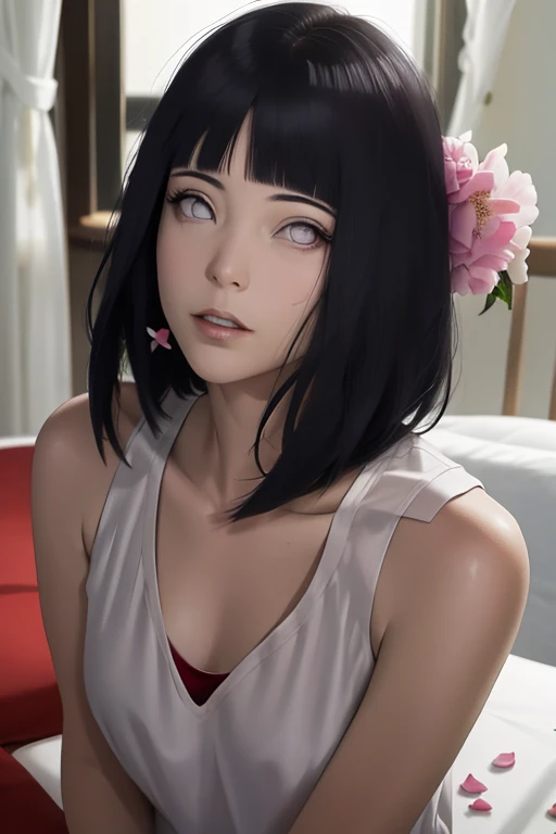 Obra maestra, absurdos, Hinata Hyuga, 1girl, solamente,hembra madura, Correa de espagueti,Mini falda de cintura alta, While looking at the camera, (falling petals), perfect composition, Labios detallados, Cara hermosa, body propotion, sonrojarse, (labios rosados), Cabello largo, purple eyes, mirada suave, super-realistic, Detallado, photo session, Rostro y cuerpo realistas, Cuerpo de detalle, sexual expression, seductor,