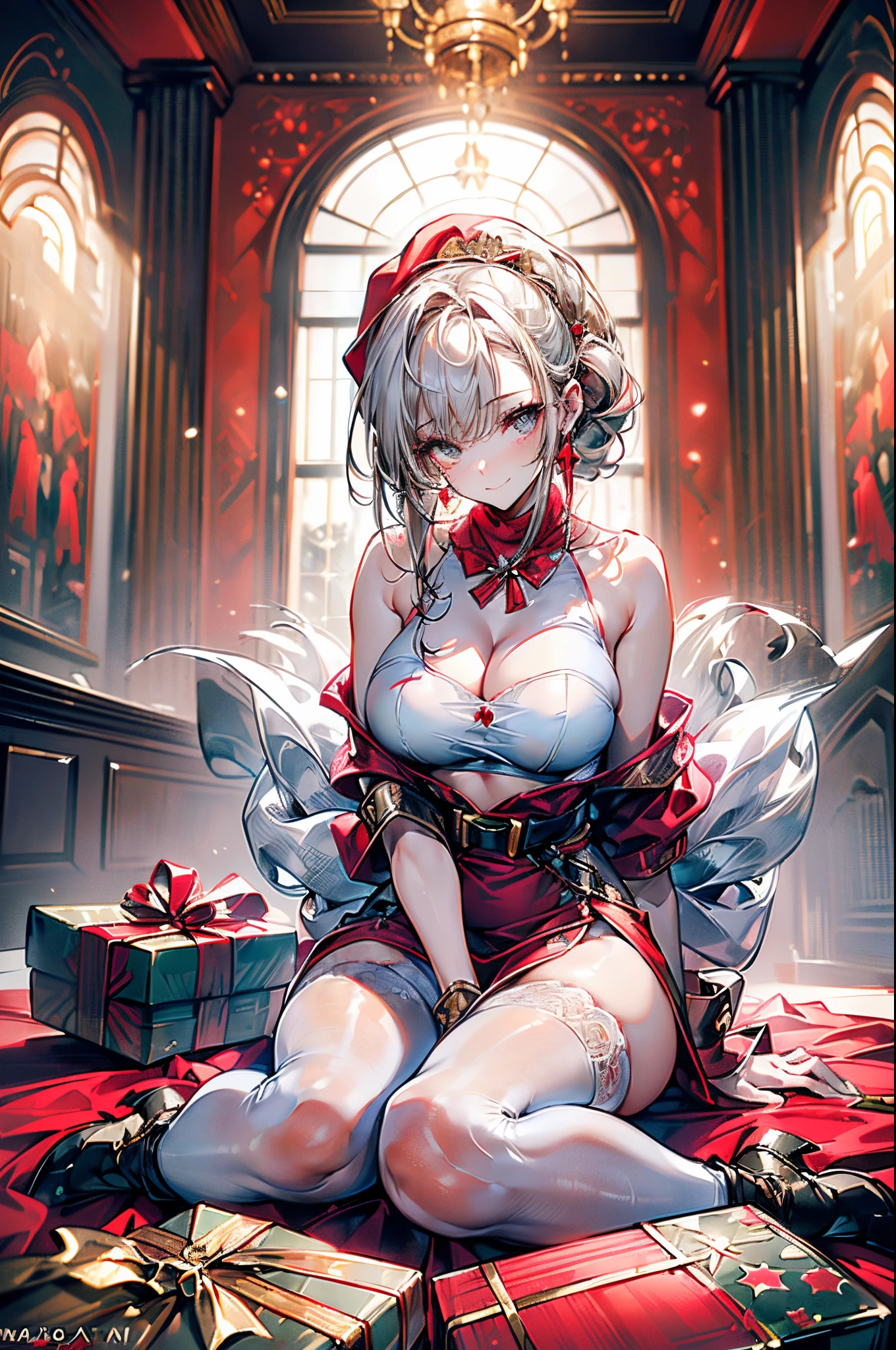 (image board:1.3), ((matured girl wearing Santa costume with far:1.3, giving a present box to viewers:1.2, close to viewers:1.2)), a matured woman with long black hair and a red outfit, red winter coat with bore, scarfs, green neckribbon, knee length long boots, red and green winter outfits, holding present box with wrapping by ribbon:1.5, Christmas tree decorated with many ornaments, white bags on sled, wearing red pencil skirt, Arabic, bodyesbian, fine details, beautiful anime illustration, 28 years old, (milf:1.3), (solo:1.5), (sfw:1.25), (sagging breast, fuge breasts, big tits, thin waist, big ass:1.2), Raised sexy, (dark mahogany medium short hair, updo, hair over one eye, asymmetric hair, Carly hair, low tied braids), (musulman, white Headscarfs, hair bands, head vandage, Turban), (ultra high resolution, 8K RAW photo, photo realistics, thin outline:1.3, clear focus), best qualtiy, cinematic lighting, textile shading, blurry back ground, field of depth, bokeh, (Bright pupils, fine detailed beautiful eyes with highlight:1.3, super detailed eyes, high detailed face), Red lip, fine realistic skins:1.1, looking at viewers:1.3, (dynamic angle:1.3, full body:1.3, front view:1.1, tigh focus:1.3, from below:1.2), (dynamic posing:1.5, sexy posing:1.2, sitting with holding knees:1.3, leaning forward:1.2), (seductive happy smile:1.2), centered image, (wearing red long coat with bore and clothes, ((bare breast:1.37)), gold ornaments, rolling red clothes around waist, dark red long leather boots:1.3, translucent white lace pantyhose), (((correct anatomy:1.5, perfect anatomy:1.37))), (in a night:1.3), (indoors:1.2),