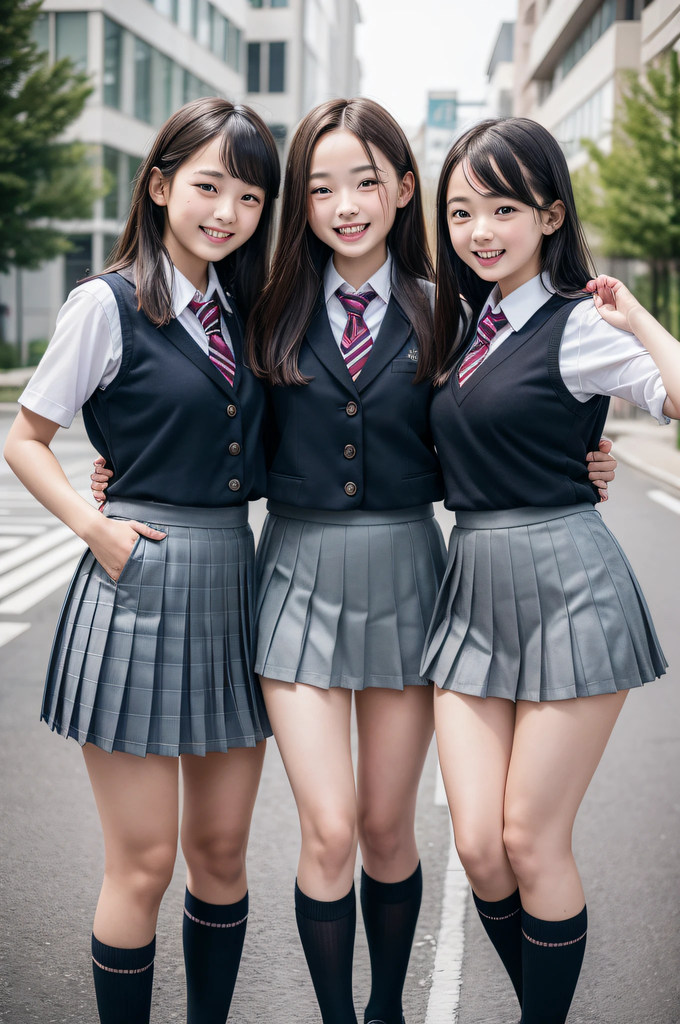 (3girls), Best Quality, realistic, raw photos, professional photograpy, (School uniform, pleated mini skirt), We don’t laugh because we’re happy – we’re happy because we laugh, focus on the girls,