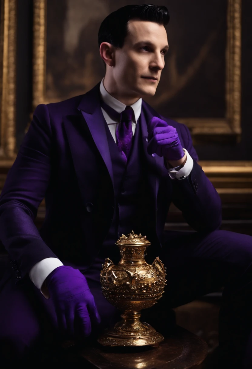 A photo of Oswald holding a rare, ancient artifact in a dimly lit museum,Gotham,Oswald has spiky black hair, a long nose, and wears very fancy suits, favors the color purple. Famously portrayed by Robin Lord Taylor