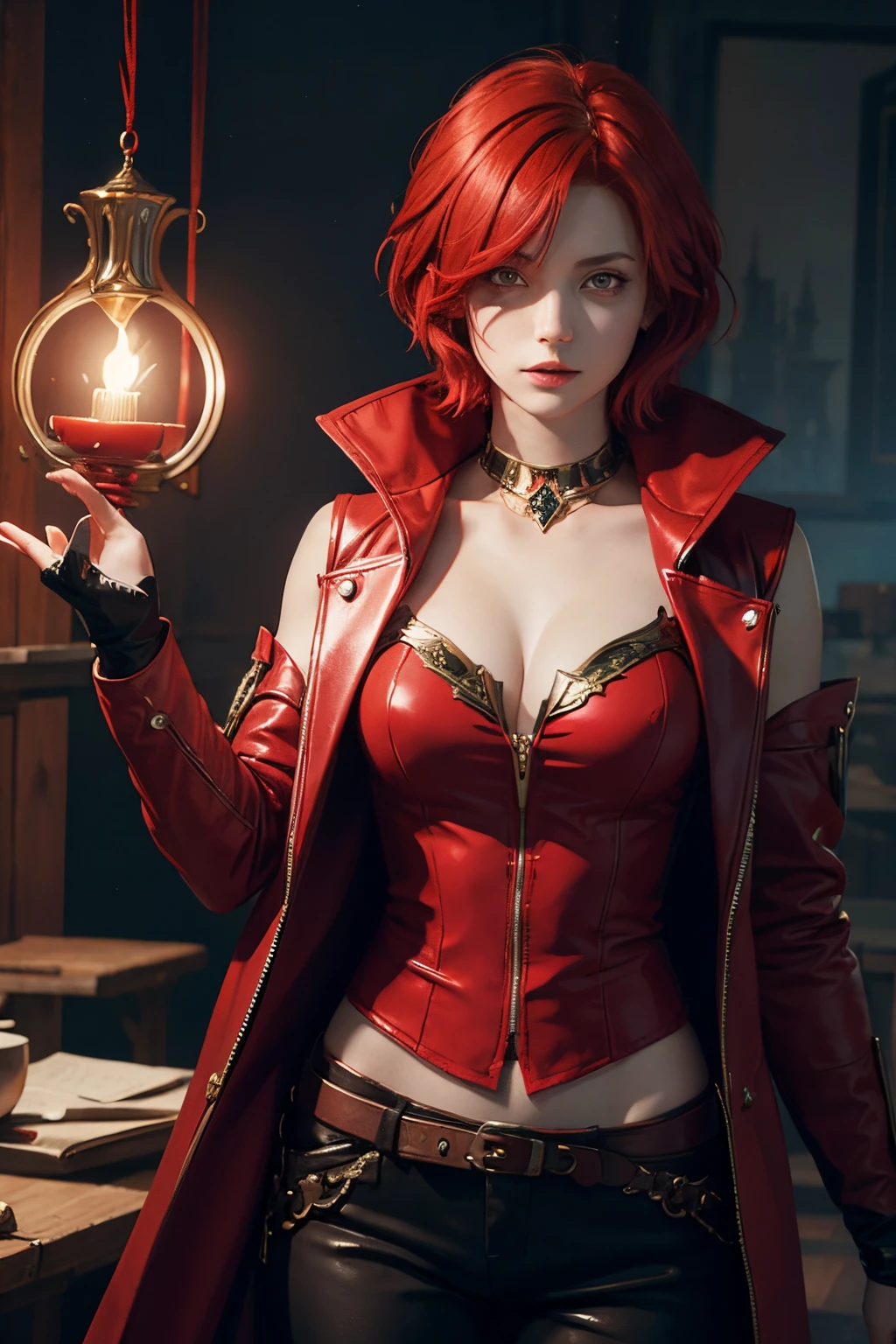 Female sorceress,red hair,short hair,red eye,red sleeveless coat,black trousers,fantasy costume