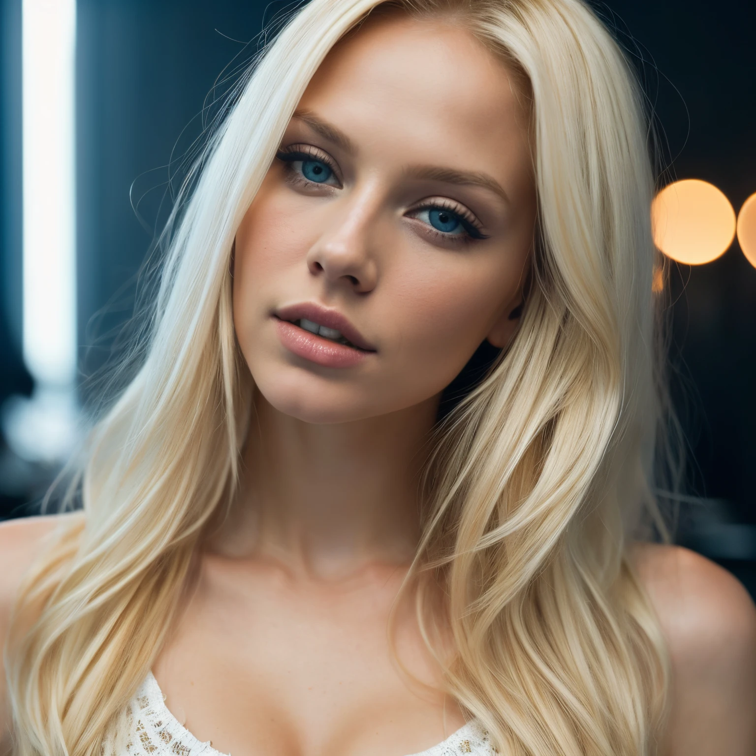 Ultra realistic cinematic soft Rembrandt light and ultra detailed golden hour portrait, Best quality, 8K, masutepiece, Ultra HD: 1.3), 1girl 38 year old stunning gorgeous legendary fashion super model in, Light white blonde hair, Blunt bangs, hair behind ear, hair over shoulders, Long hair, Slender body type, ultradetail face, Delicate lips, moderate big breasts, Beautiful eyes, Double eyelids, lipsticks, thin blush ,grey eyes ,perfect glossy shiny skins, Flawless skin,White skin of the,perspired,Invite your gaze, chest,Ultra-thin pointer, Ultra-thin fingers, beautifullegs 、Halfway through the appointment，moderate breast，Not wearing a bra，not wearing tops，revealing breasts，Expose ，nakeness，don't have clothes，with no underpants，perfect teeth, Rub your breast with your right hand，The left hand clasps the ，squirt cum, Vaginal sprays，The expression looks sexual，Enjoyed it a lot, [[[[full naked proportional body shot]]]], [[[[chest]]]], [[[[neck]]]], [[[[shoulders]]]], [[[[open legs]]]], [[[[moderate big breasts]]]], [[[[sexual excitement]]]], [[[[provocative pose]]]], [[[[perfect define detailed wet VAGINA after sex]]]], ((((cinematic look)))), SEX, SEX, SEX