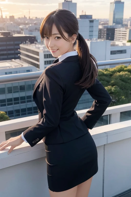 masutepiece, Best Quality, hight resolution,Detailed face,1girl in, Japanese,Small breasts,Smile,(Simple business suit,Jacket,pencil skirts:1.1),high-heels,tokyo prefecture, On the rooftop, Overlooking, bustling city, urban jungle, Skyscrapers, a panoramic view, Sunset, sky line,Windy,(:1.5),Office,Open mouth,from the rear,Spread legs,Windy