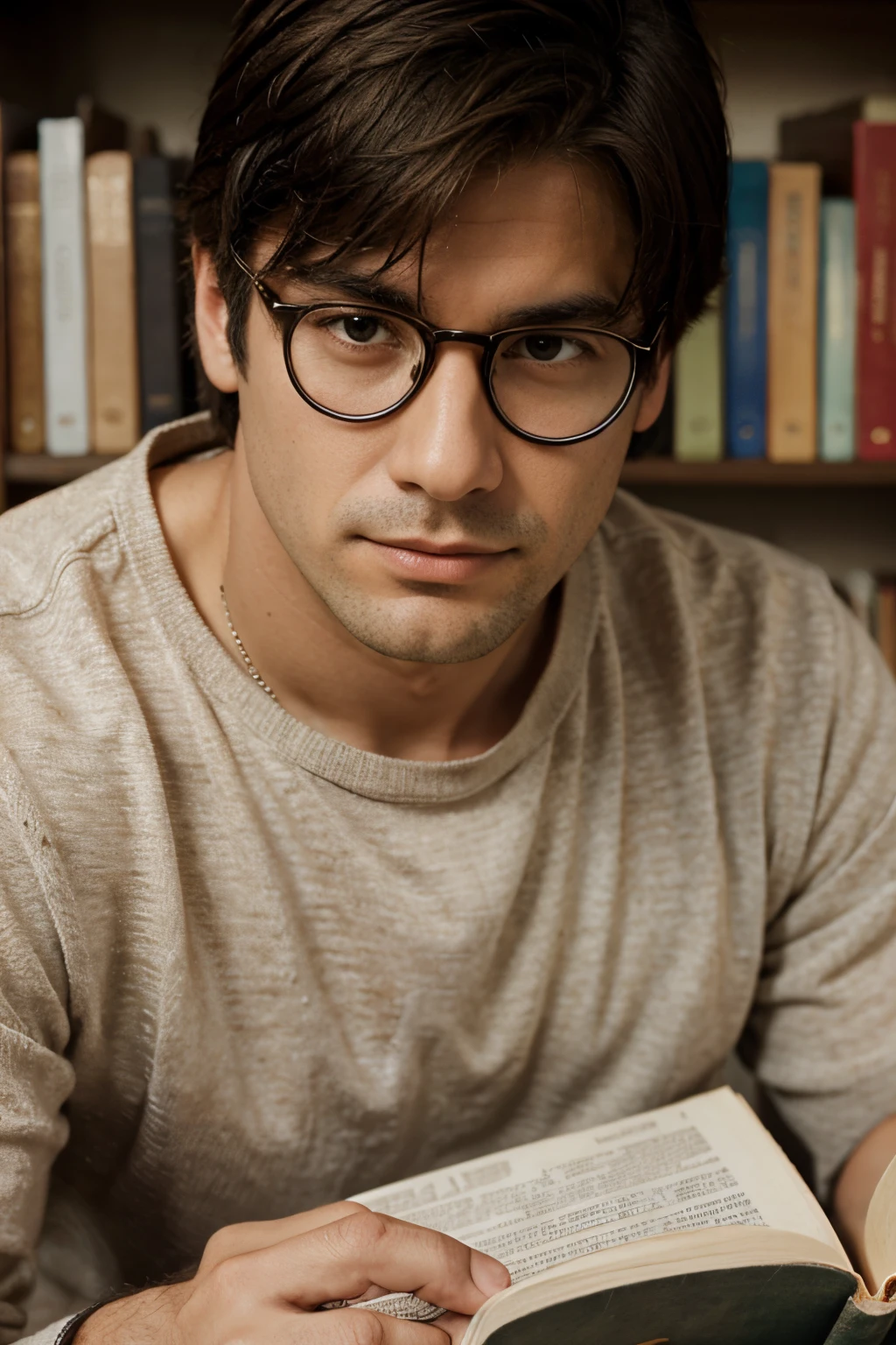 headshot of a man with classes reading a book