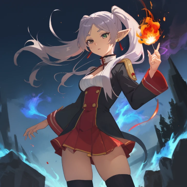 Frieren, twintails, earrings, small tits, red wizard uniform, thighs, casting fire magic