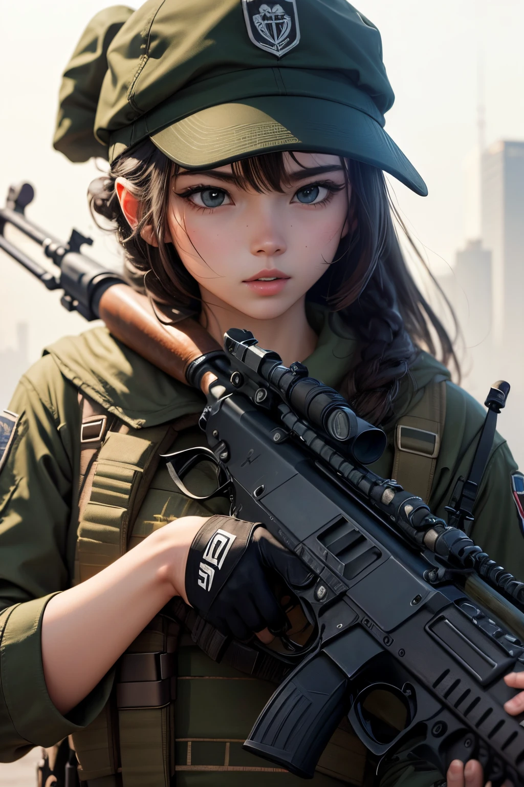 survival game、Camouflage、survival gameのフィールド、A beautiful girl is holding a rifle、head to waste、