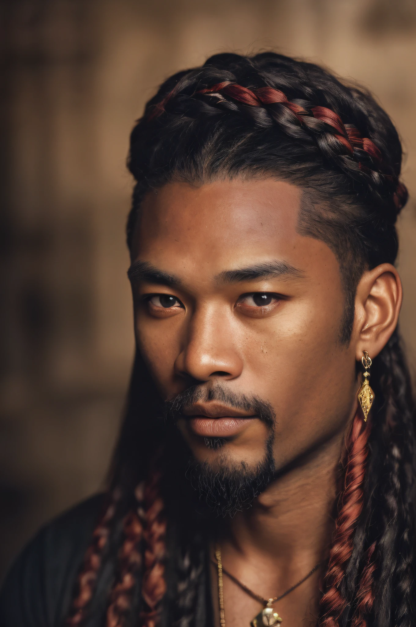 (close-up, editorial photograph of a 35 year old blasian nobleman, long braided hair, long goatee, jewels, in medieval fantasy desertic culture nobleman's clothes), (highly detailed face:1.4) (smile:0.7) (background inside dark, moody, palace:1.3) POV, by lee jeffries, nikon d850, film stock photograph ,4 kodak portra 400 ,camera f1.6 lens ,rich colors ,hyper realistic ,lifelike texture, dramatic lighting , cinestill 800,
