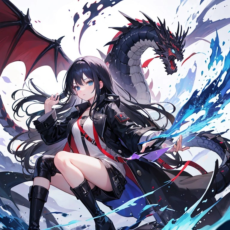 A cool girl,Long black hair and blue eyes,Black long leather trench coat,boots,Dragon Vein Awakening,World Devouring Dragon King,Top image quality