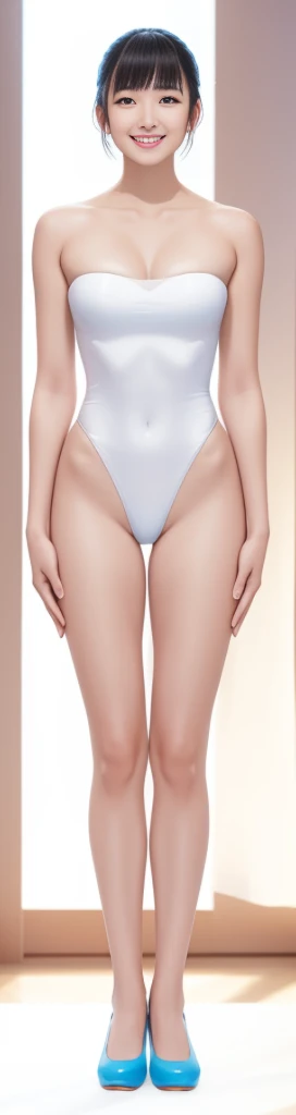 On the white background，A tall and beautiful Chinese girl，with fair skin，Toothy smile，A big smile，When you laugh, Your eyes are crescent-shaped，fringe，Wear a one-piece swimsuit and pumps，Swimsuits are decorated with joyful patterns, Stand up straight，Stand upright，hands on sides，Symmetrical distribution，Ray tracing，All shaded areas，No windows, Soft lighting, Warm light，Without sunlight, Studio light, 1.4x Realistic Ultra HD