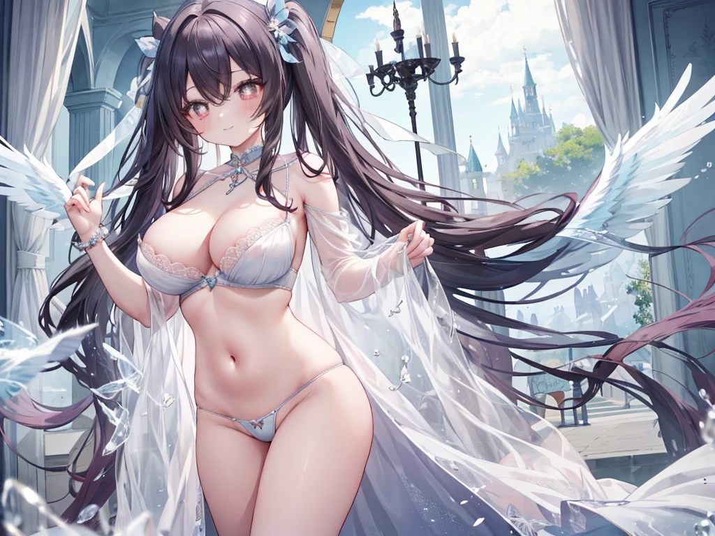 1 woman、Radiant hair、fluffy and soft hair、Sparkling eyes、爆乳、Too large breasts、Seductive breasts、Sheer underwear、Tiara of the Goddess、goddess god々Feeling、lace cape、aquamarine choker、Castle Room、Long Lace Bale、Ruffles and ribbons、A smile、The upper part of the body、 A glowing wand made of crystal.、Wings encrusted with aquamarine、A benevolent look、Eternal brilliance、Too large breasts、爆乳、puffy chest、Cinderella's Castle、Navel Ejection、I can see my nipples