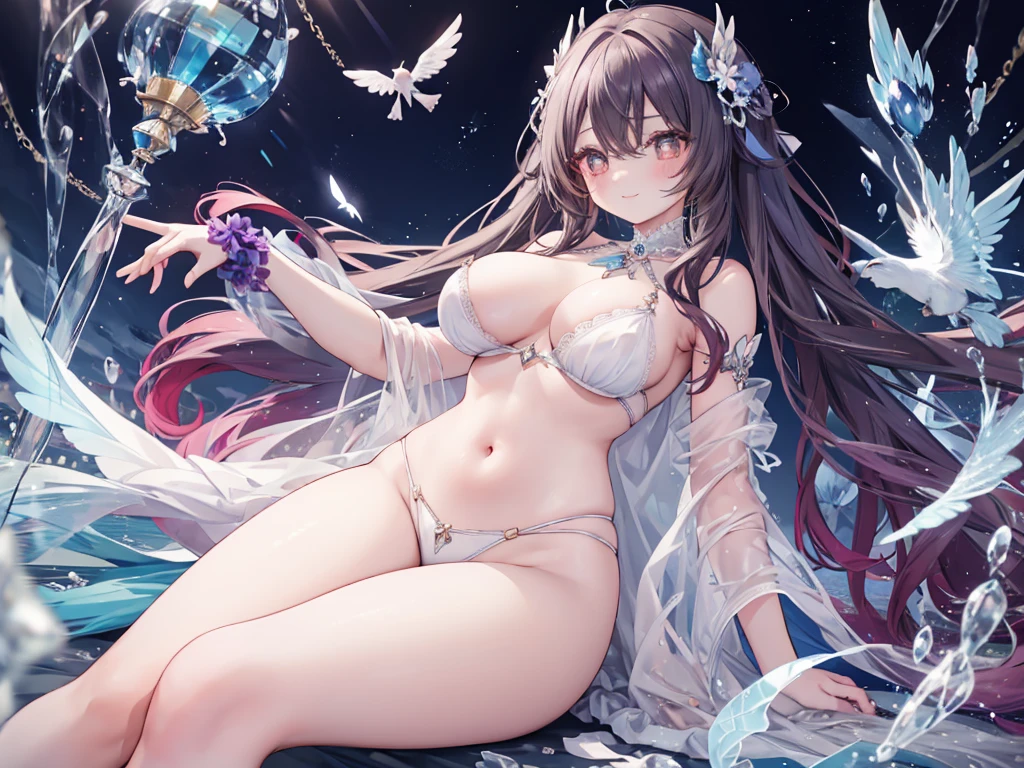 1 woman、Radiant hair、fluffy and soft hair、Sparkling eyes、爆乳、Too large breasts、Seductive breasts、Sheer underwear、Tiara of the Goddess、goddess god々Feeling、lace cape、aquamarine choker、Castle Room、Long Lace Bale、Ruffles and ribbons、A smile、The upper part of the body、 A glowing wand made of crystal.、Wings encrusted with aquamarine、A benevolent look、Eternal brilliance、Too large breasts、爆乳、puffy chest、Cinderella's Castle、Navel Ejection、I can see my nipples
