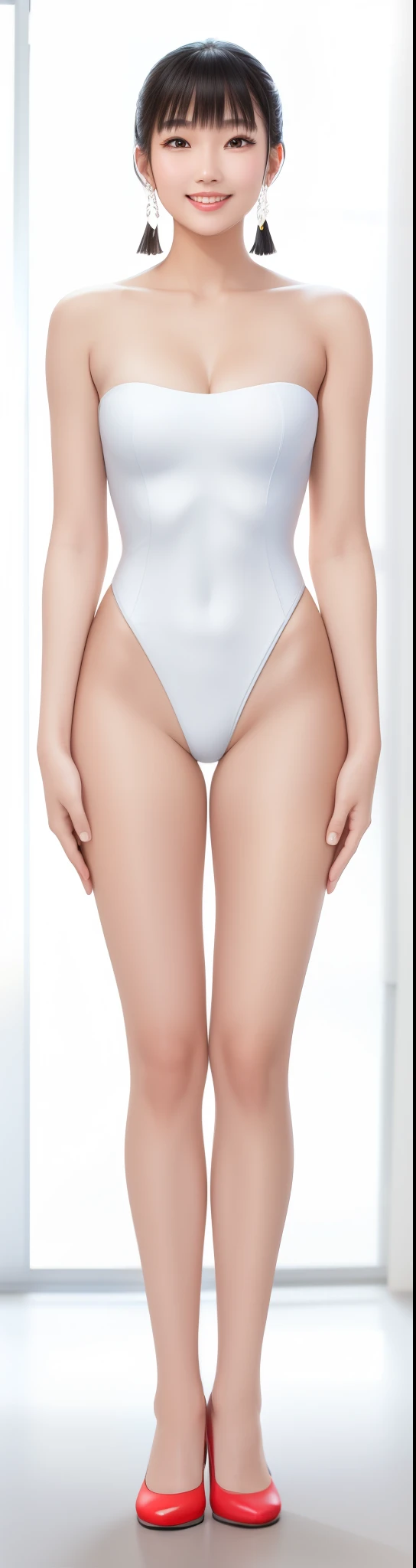 On the white background,A tall and beautiful Chinese girl,with fair skin,Toothy smile,A big smile,When you laugh, Your eyes are crescent-shaped,fringe,Wear a one-piece swimsuit and pumps,Swimsuits are decorated with joyful patterns, Stand up straight,Stand upright,hands on sides,Symmetrical distribution,Ray tracing,All shaded areas,No windows, Soft lighting, Warm light,Without sunlight, Studio light, 1.4x Realistic Ultra HD