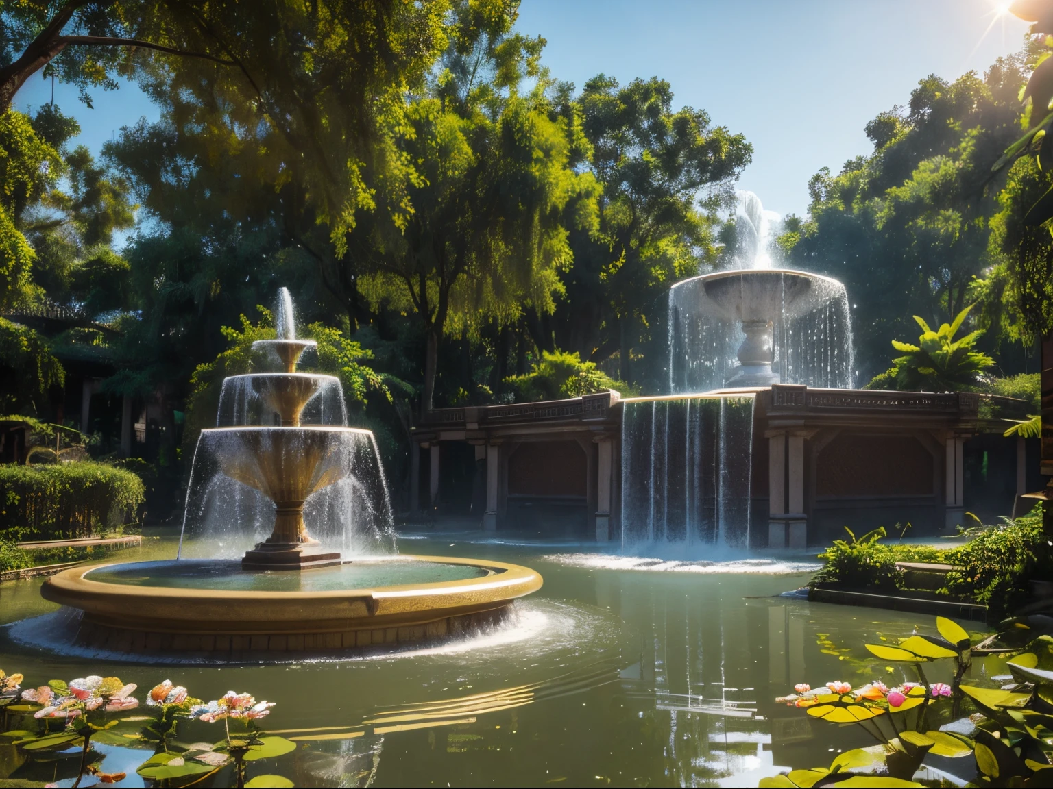 Clarity 4K, retrospective, tmasterpiece, Golden natural fountain in the jungle of dilapidated Jincheng ,(large fountain), old time architecture,become sunny
