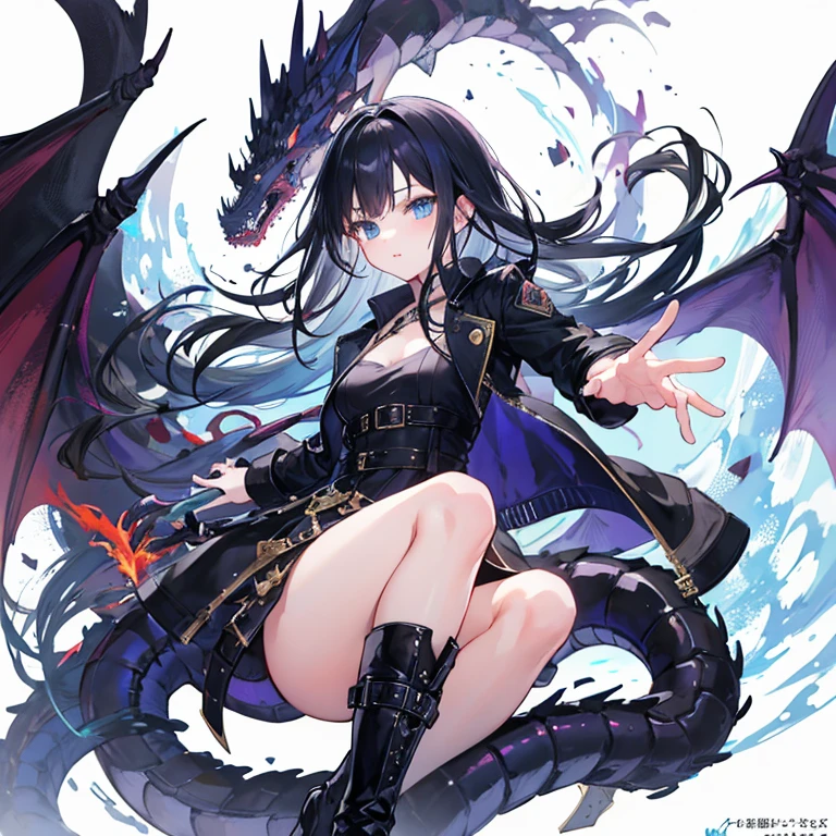 A cool girl,Long black hair and blue eyes,Black long leather trench coat,boots,Dragon Vein Awakening,World Devouring Dragon King,Top image quality