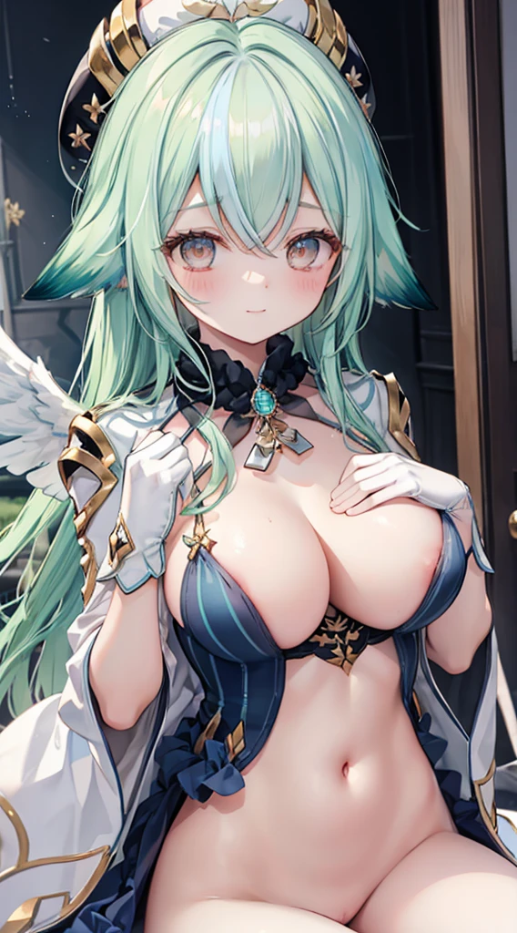 1 woman、Radiant hair、fluffy and soft hair、Sparkling eyes、爆乳、Too large breasts、Seductive breasts、Sheer underwear、Tiara of the Goddess、goddess god々Feeling、lace cape、aquamarine choker、Castle Room、Long Lace Bale、Ruffles and ribbons、A smile、The upper part of the body、 A glowing wand made of crystal.、Wings encrusted with aquamarine、A benevolent look、Eternal brilliance、Too large breasts、爆乳、puffy chest、Cinderella's Castle、Navel Ejection、I can see my nipples
