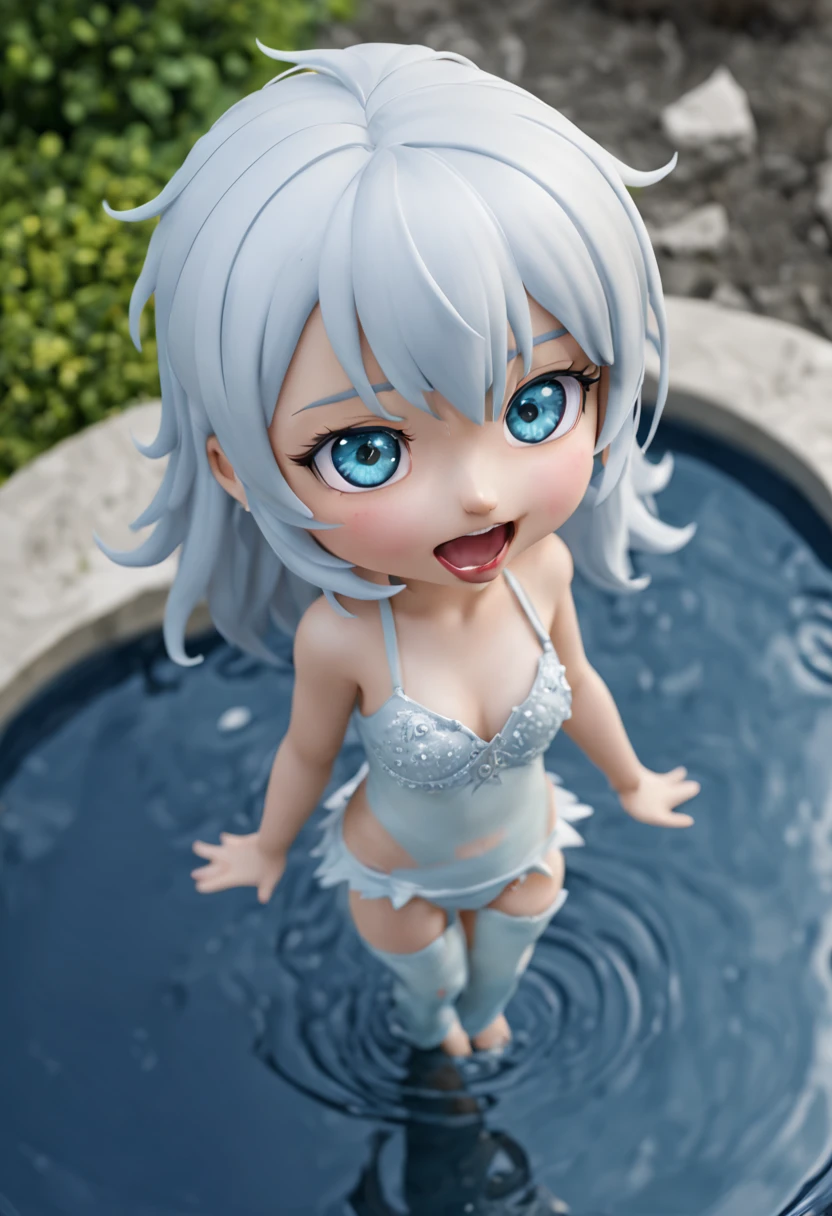 (masterpiece), realistic, cinematic light,s, frolicking in the park fountain, full body, from above and side, beautiful eyes, silver hair, perfect anatomy, very cute, (blue eyes), bio luminescent, 8 class large, 8K, human hands, character sheets, concept-art, smooth and detailed hairstyle, Fractal art, splash, eyes shed tears while holding back the pain, open mouth and stick your tongue out,
