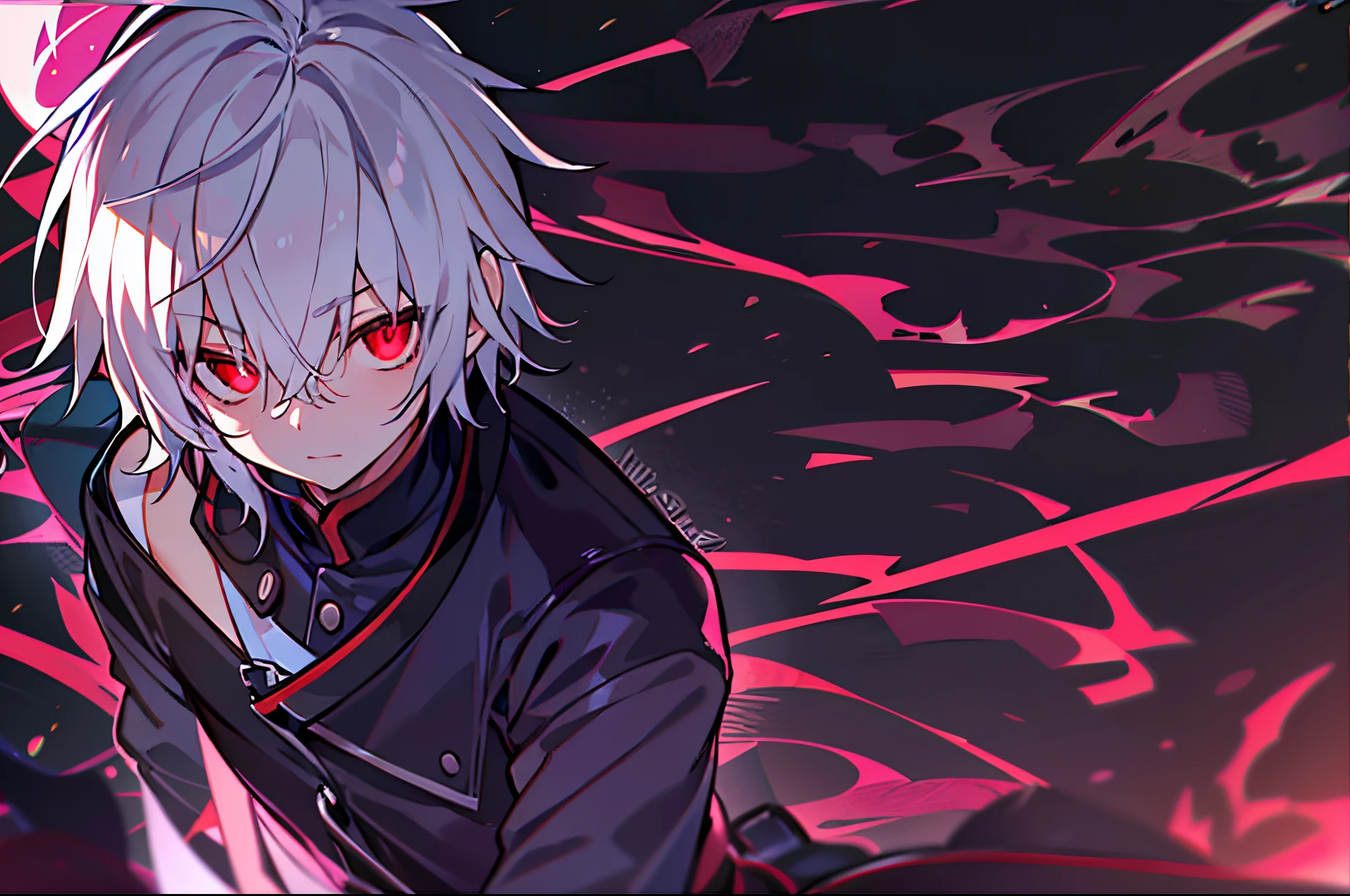 hight resolution,close range、Anime boy with white hair and red eyes staring at camera, Glowing red eyes,slim, dressed in a black outfit,Shadow Body,colorful backdrop,hair messy,yameroyandere, Diagonal angle