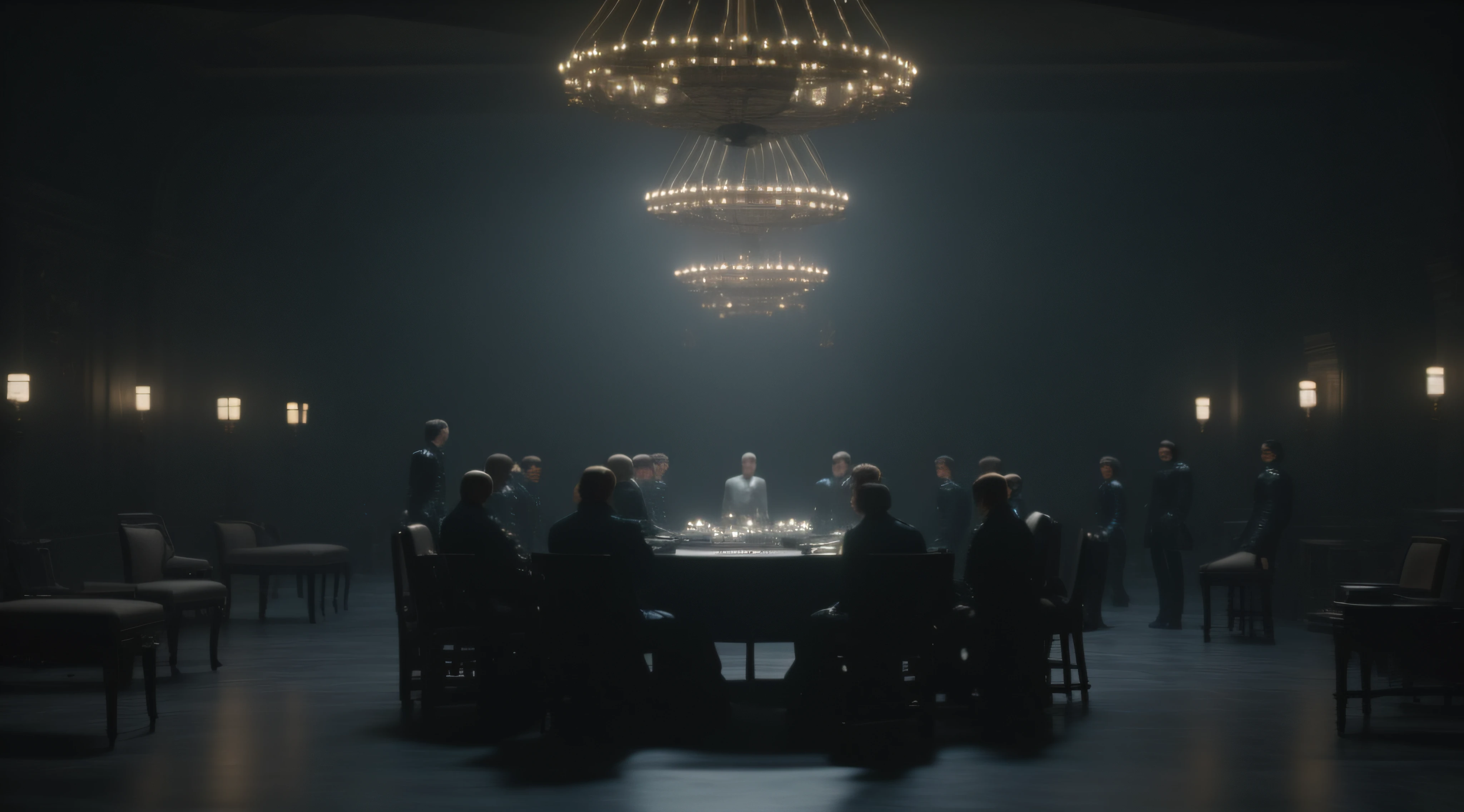 there are many people sitting around a table in a dark room, 2 0 2 1 cinematic 4 k framegrab, stunning moody cinematography, screenshot from a movie, Group of people in a dark room, cinematic lighting + Obra maestra, Cinematography A24, Escena tormentosa y de gran guerra, film still of 2b nier automata, Still from a film by Ridley Scott, Stunning cinematography