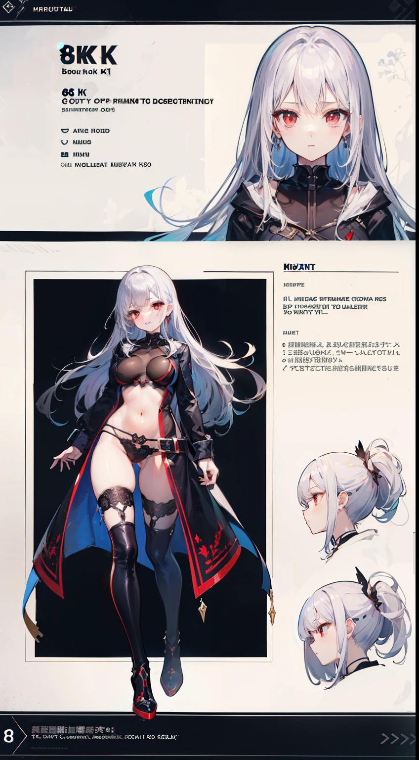 (((8k,top-quality)))ung Girl, character sheets, concept-art, full bodyesbian, (masterpiece:1.2), (Top image quality:1.3), 1girl in, is standing, length hair,Diabolical,Silvery hair,Red eyes