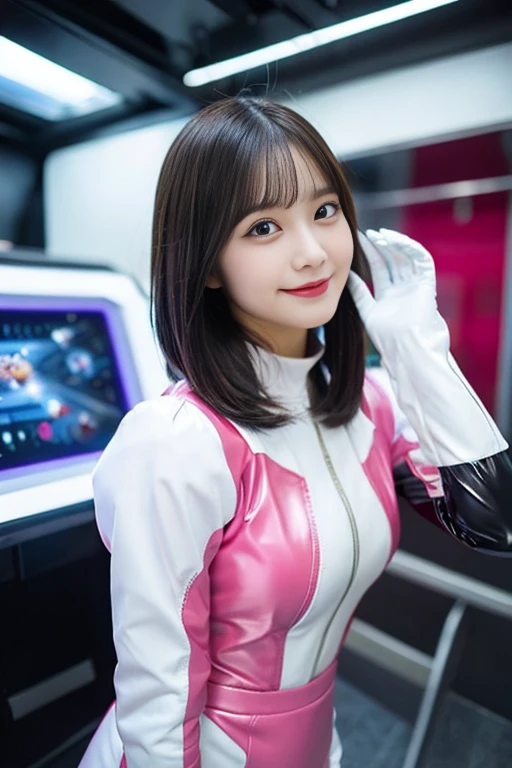 (shiny rubber suit, smile, stare at viewer, leaning forward, 1 girl, looking at viewer, from front, facing straight at viewer, pink and white clothes, white gloves, futuristic space suit, inside spaceship room), upper body, body suit, short pencil skirt, high neck clothes, hide the neck, drooping eyes, head tilt, masterpiece, best quality, an extremely cute girl, 20 years old, girl, black hair, middle short hair