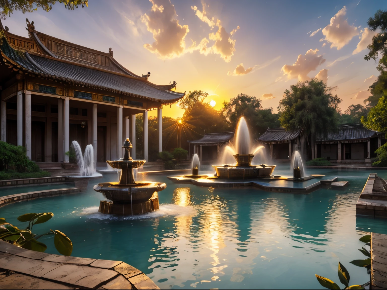 Clarity 4K, retrospective, tmasterpiece, Golden natural fountain in the jungle of dilapidated Jincheng,(large  Water Fountains), old era architecture，setting sun，