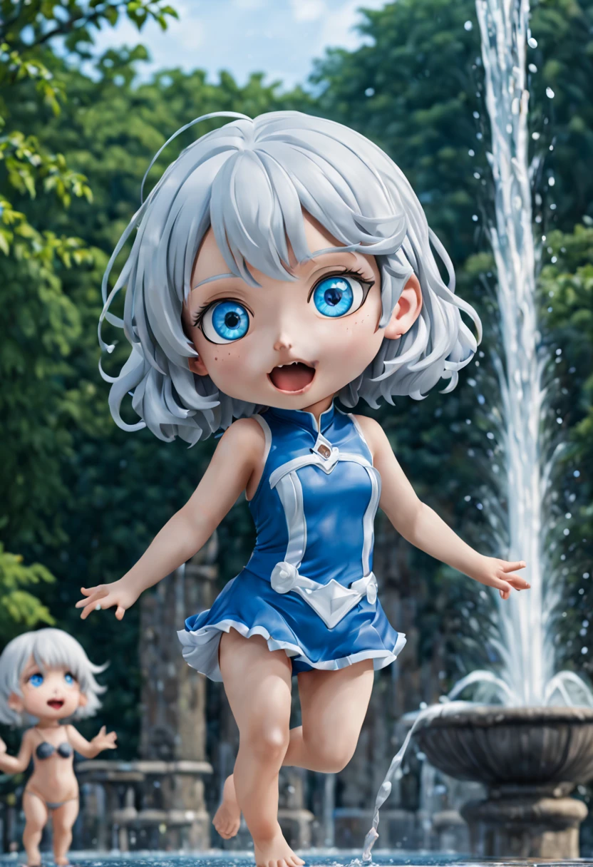 (​masterpiece), realistic, cinematic light,10-year-old girls, frolicking into the park fountain, full body, from below and side, beautiful eyes, silver hair, perfect anatomy, very cute, (blue eyes), bio luminescent, 8 class large, 8K, human hands, character sheets, concept-art, smooth and detailed hairstyle, Fractal art, splash, eyes shed tears while holding back the pain, open mouth and stick your tongue out,