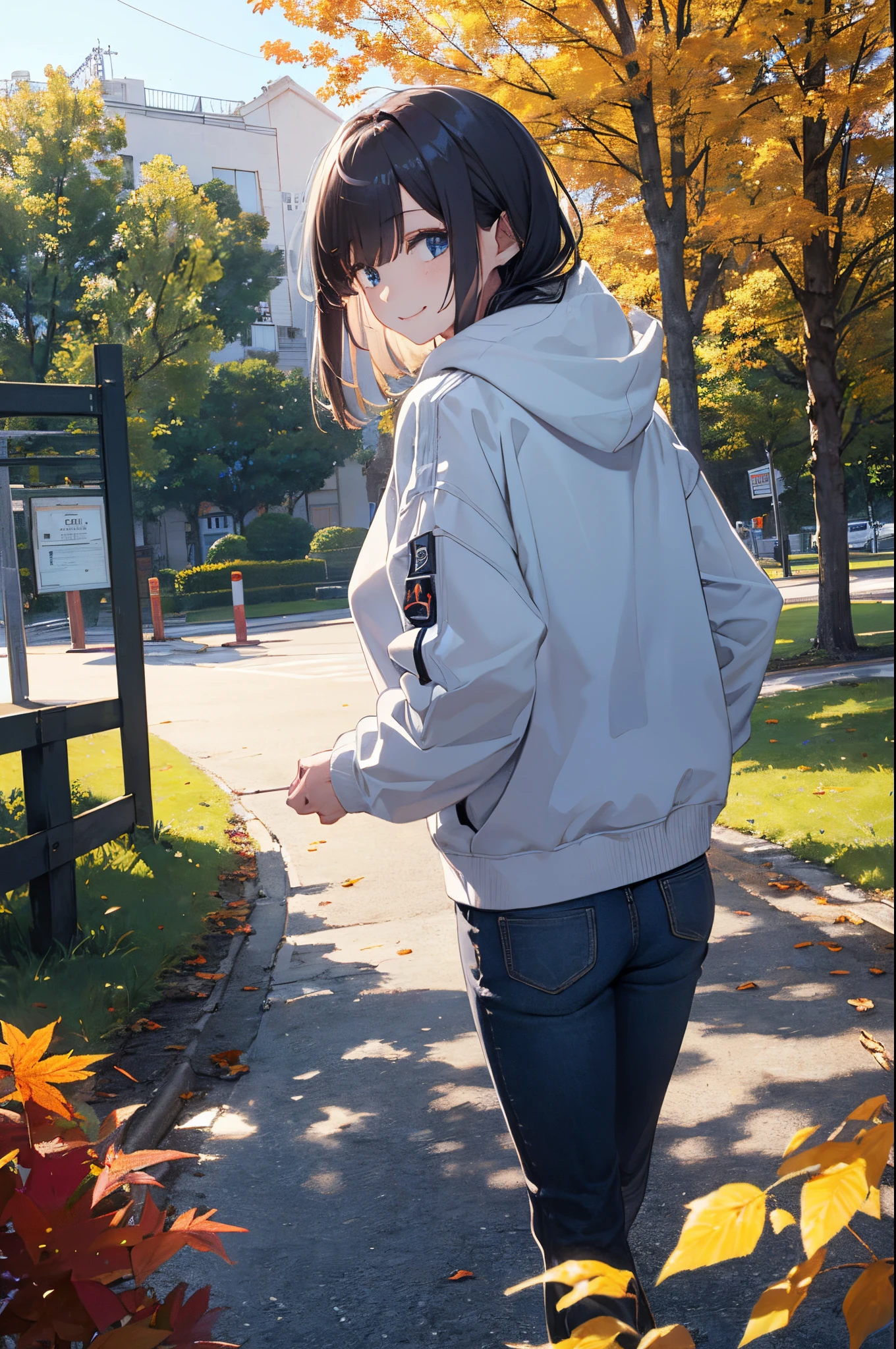 (Girl with a nasty appearance:1.3)、(Daytime opening hours:1.5)、(and chest:1.4)、Raw photography, top-quality, hight resolution, (masterpiece), (Photorealsitic:1.4), (Mole under the eyes),Anime Cosplay, foco nítido, nffsw, 8K分辨率, intricate detailes, depth of fields, the Extremely Detailed CG Unity 8K Wallpapers, front lit, femele,25-years old、 Happy face,Smiling、Bangs covering one eye、(tying hair:1.5)、(Medium Showtrain Bo Hair)、(Big hoodie)、blue eyess,(a park:1.5)、(Walk:1.3)、(Full body depiction)、cell phone、(from back view:1.2)、shining world、Autumn、tree々、Winters、midwinter
