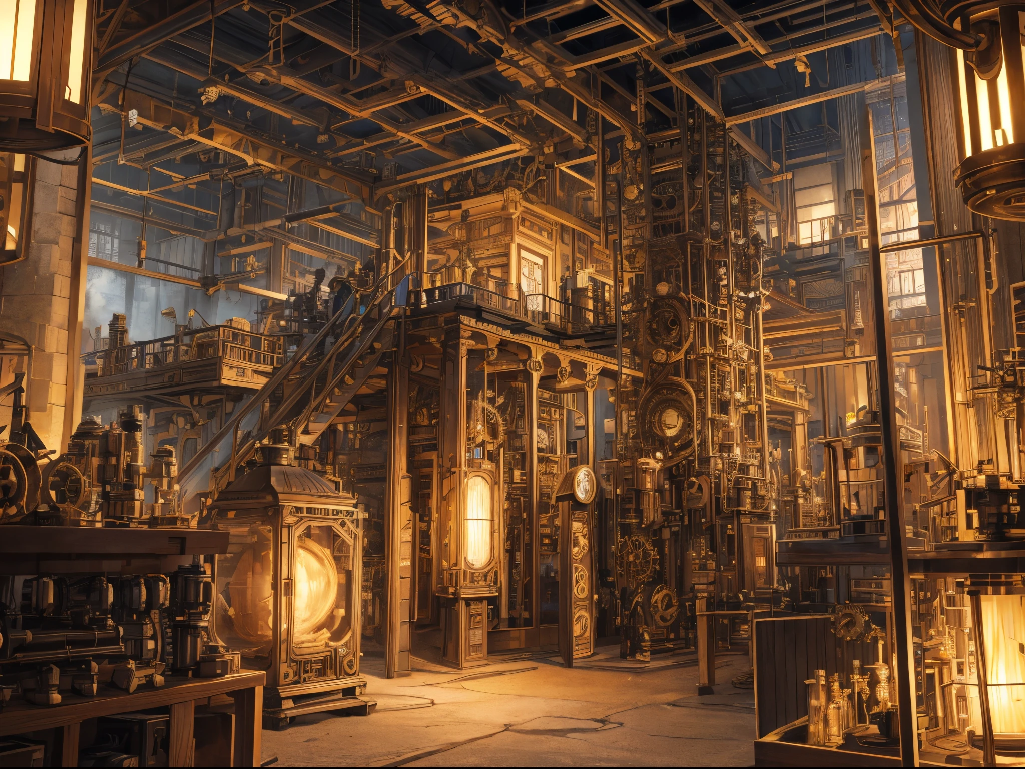 Imagine a steampunk inventor surrounded by intricate machinery and gears, with a nut-themed invention at the center. Incorporate brass tones and intricate details reminiscent of steampunk artist Datrinti.