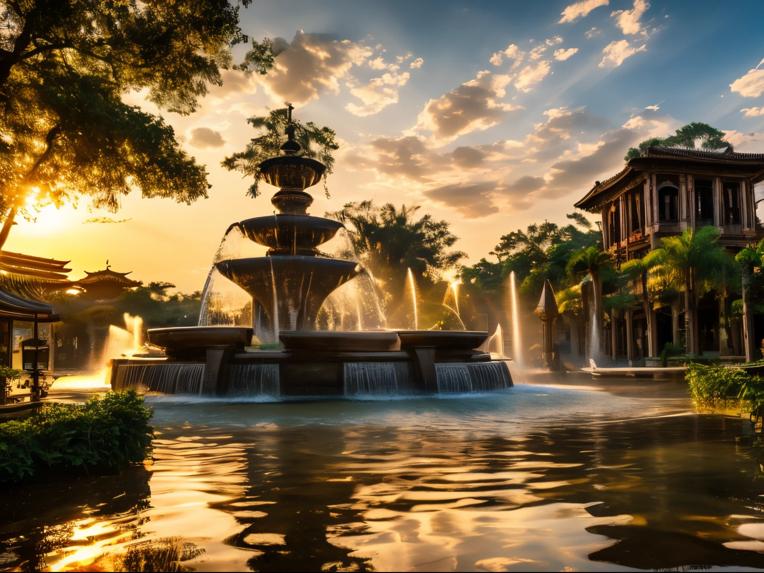 Clarity 4K, retrospective, tmasterpiece, Golden natural fountain in the jungle of dilapidated Jincheng,(large Water Fountains), old era architecture,setting sun,