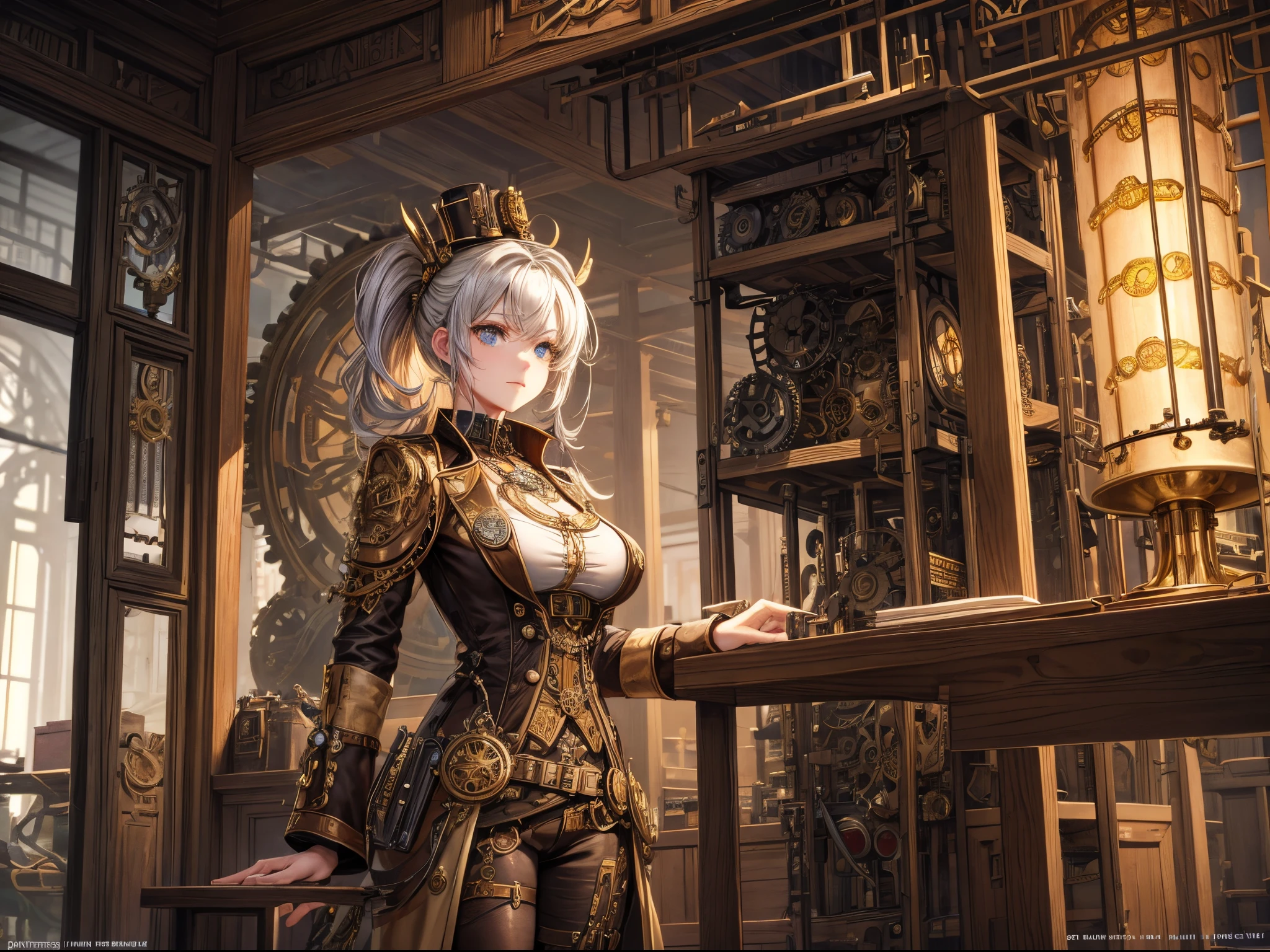 Imagine a steampunk inventor surrounded by intricate machinery and gears, with a nut-themed invention at the center. Incorporate brass tones and intricate details reminiscent of steampunk artist Datrinti.