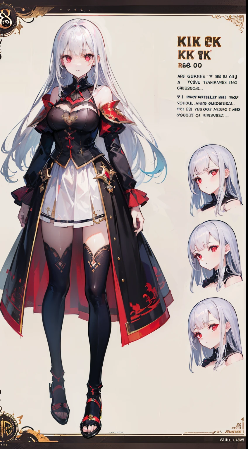 Character Design Sheet, Multiple angle, masterpiece, best quality, 1female, long volumetric silver hair, side bangs, wearing vampire coat, detailed beautiful eyes, detailed gorgeous face, perfect anatomy, intricate details, white background,
