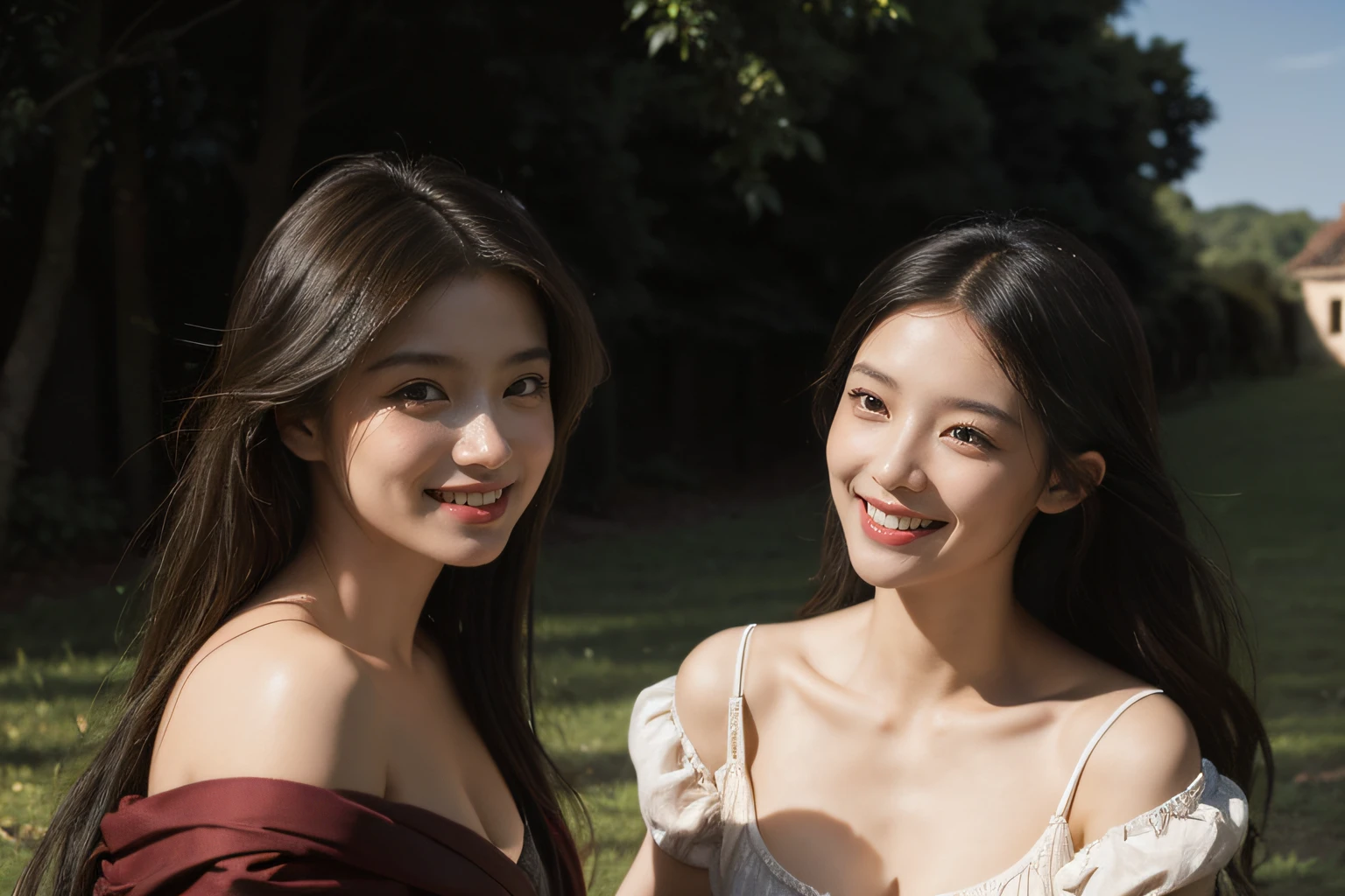 Ancient Roman landscape in the style of Nicolas Poussin,laughter,,Sweet and seductive appearance.、Caravaggio's paintings、Chiaroscuro of Caravaggio、hair tousled by the wind,Two women frolicking,cute smile, expression of ecstasy,Sexy,erotic