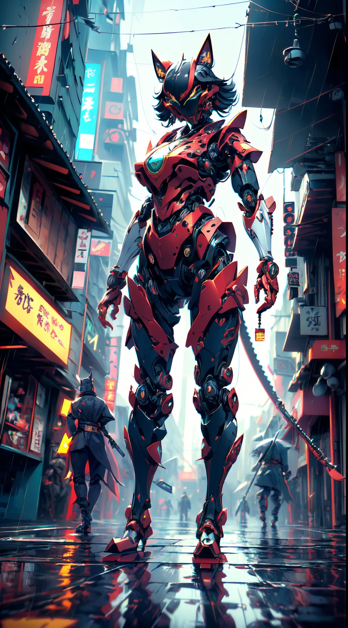 Guro:1.4 guerrero (((gato_robotic_ciborgsizado_samurais:1.3)))  gato_cyber_samurai , traje de samurai rasgado , robotic samurai suit red color human form,samurais_ciborg_gato:1.3)) ((hiper realista hiper:1.3 componentes detallados:1.2))  ((HITECH1 visible robotic parts.3)) biocybernetic biomecha bioroboticcat necrotic skin necrotic lesion ((ciborg_gato))head Fangs Robotic feline cats bleeding wounds hydraulic hose connections (((anthropomorficfic)) pararse Pararse sobre dos piernas, (((Armadura Samurai Roja))) ((human size character)), , Japan, Noche, Lightning and rain, castillo zen((red samurai robotic armor)bre dos piernas) Rainy Days Cyberpunk Future War Apocalypse Outside Japanese Castle VFX CGI Digital Illustration, fuentes digitales Fondo de pantalla Media 16k