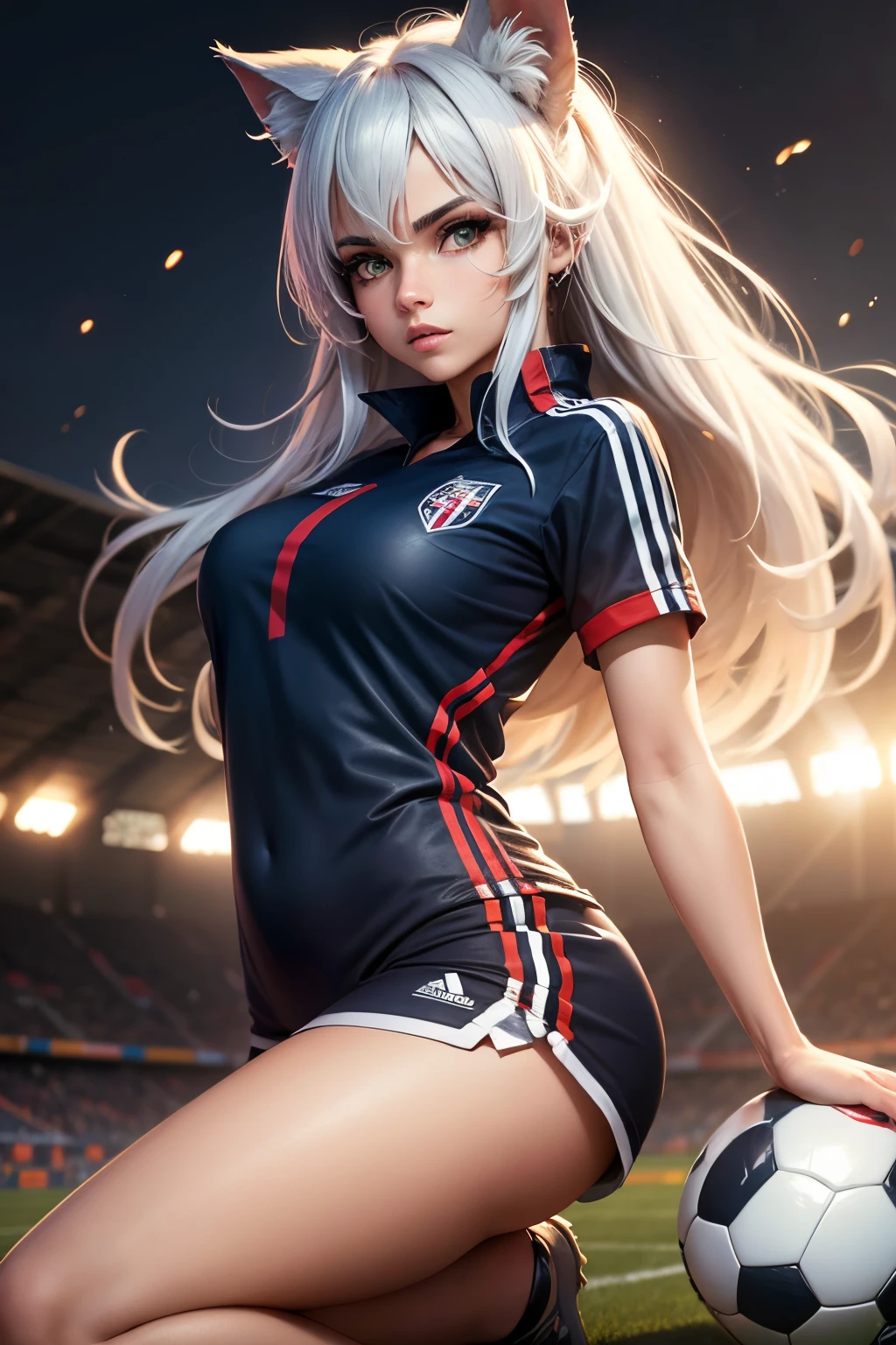 uniform soccer, cabelo curto com mecha, olhos de felina