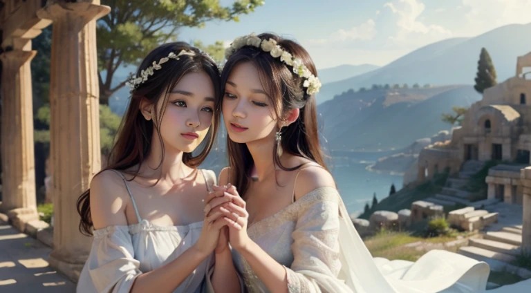 (top-quality、hight resolution、masterpiece)、((Watercolor in Sargent style))、(David Hamilton Style)、(softfocus)、ancient greek scene 、The world of Bilitis songs、(greek female bard)、22year old、美丽的面容、Well-formed eyes and nose、Bewitching smile、Detailed depiction of the face、Classic hairstyles、Beautiful figure、detail portrayal、(ancient greek clothes)、(White tunic)、greek toga、(two womens)、(Two beautiful women hold hands and look at each other)、(Sing and dance)、(Accurate hand and finger depiction)、Cinematic scenes、ciinematic light、softlight、raytrace、luminous sky、greek architecture columns、greek pine、(nostalgia)、classic vibes、Blur the background、