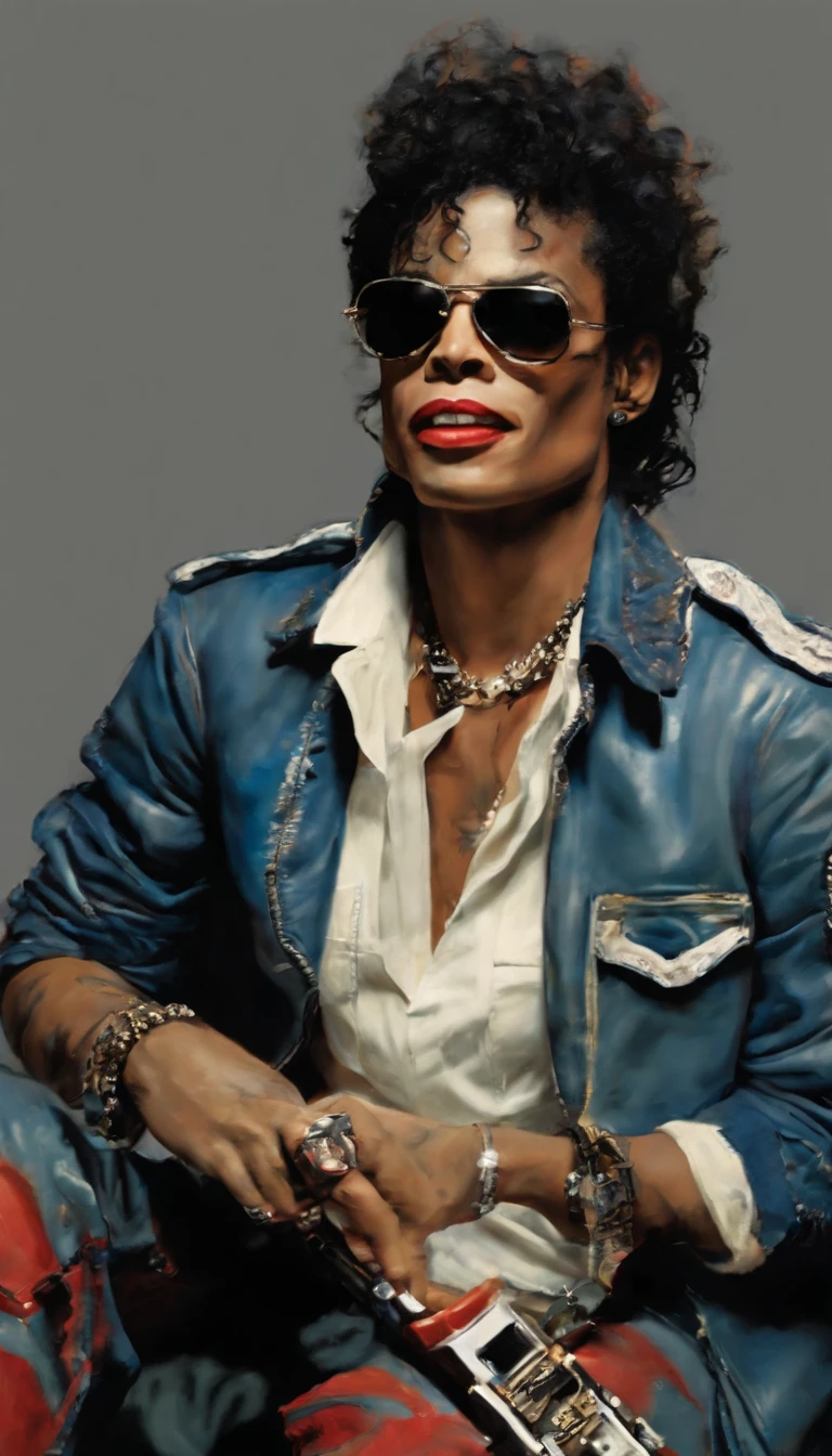 Editorial portrait of Michael Jackson by Jamie Hewlett in the style of Tank Girl illustration, vivid colors, dynamic composition, detailed hyper-realistic outfit, pop culture, gadegtpunk, style expressive,