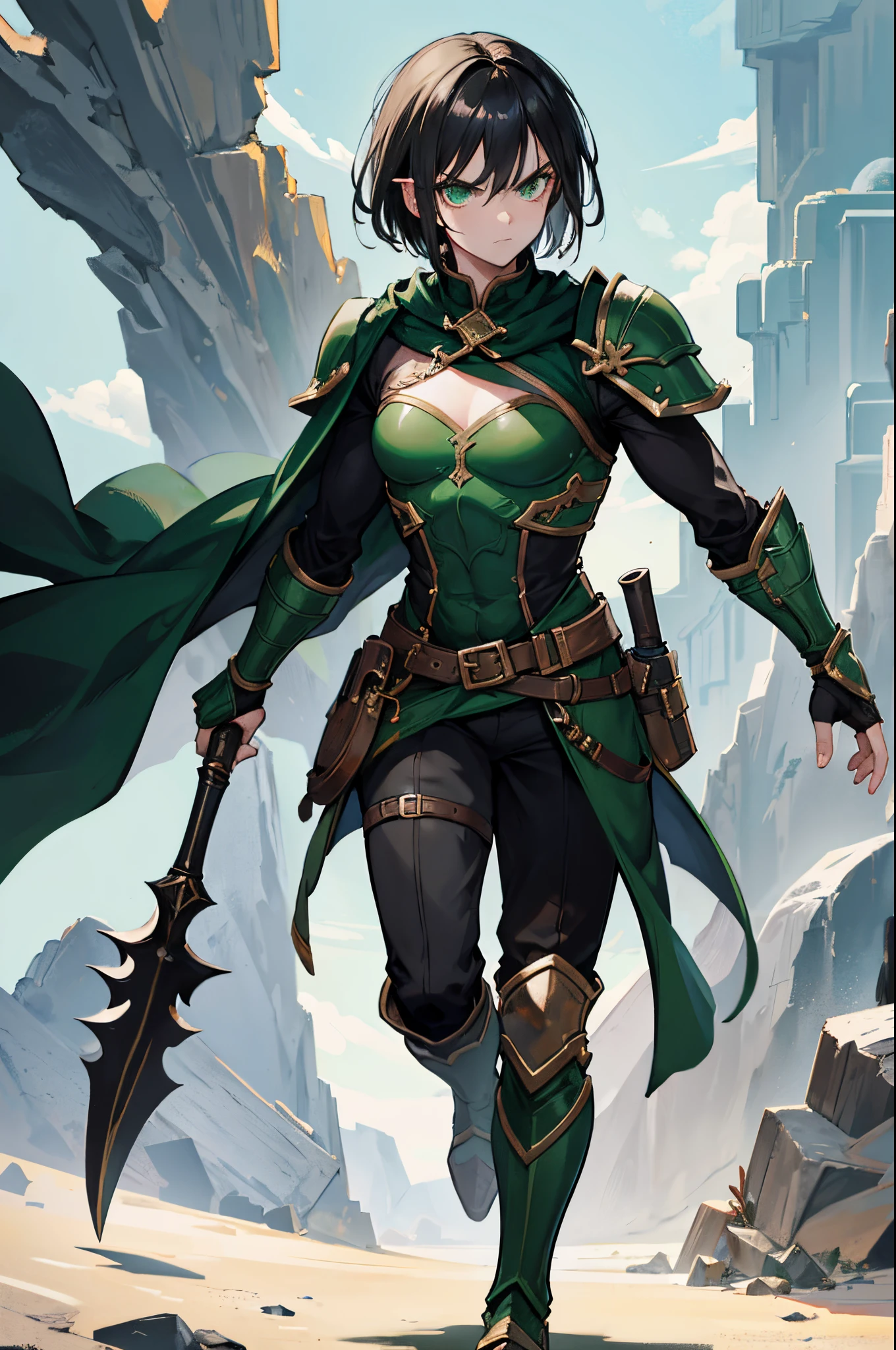 Black hair, green eyes, dnd male halfling, serious facial expression, rogue, light armor, full body portrait, wearing monocle, holding polearm, flat chest, defined muscle
