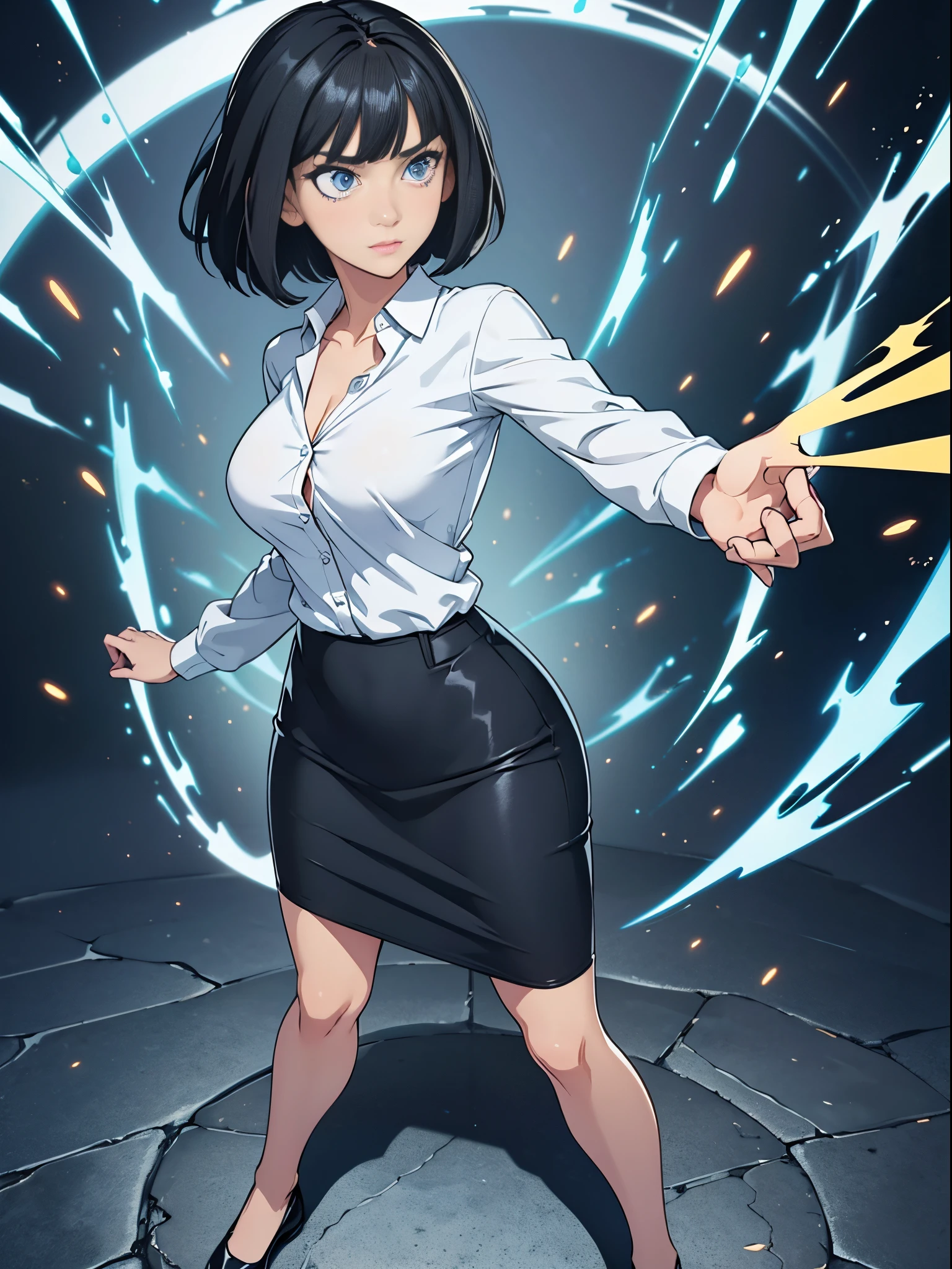 1girl, black hair, bob hair, short hair, blue eyes, beautiful detailed eyes, high school teacher, mature woman, spread arms, suit, pencil skirt, bare legs, shoes, standing, perfect anatomy, cowboy shot, (full body shot), superpower, light particles, body infused with energy, solo, single.