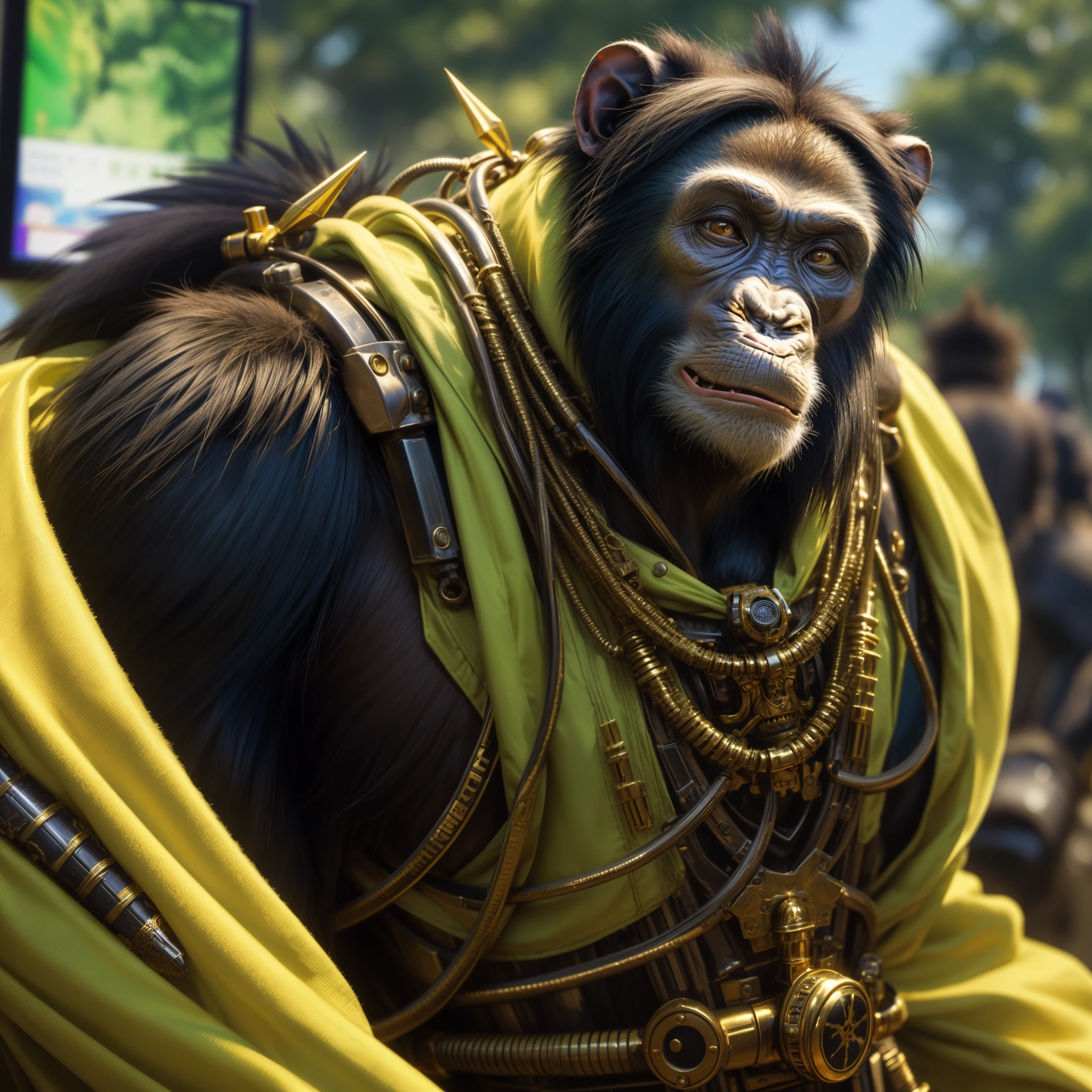 a standing chimpanzee, dressed in robust African adornments, predominantly yellow with green detail, showing your arms. Detail his physical features and highlight the intricate and ingenious details of the steampunk armor he wears, in a cool pose, looking towards the screen with a hateful face. Describe the majestic and imposing presence of the humanoid chimpanzee as he moves gracefully through the scene, realistic, detailed fur
