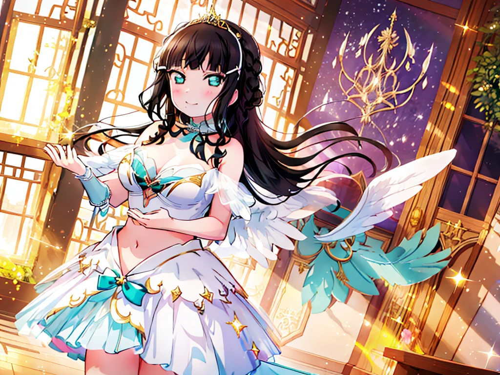 (highest quality, High resolution), Glowing Eyes, Delicate facial features, Vibrant colors, Dreamy atmosphere, Fantasy Theme, Floral Background, Graceful Movement,  Magic lighting, Mysterious Aura, Heavenly Beauty, Magic thread, Whimsical elements,Big Breasts、lingerie、sexy