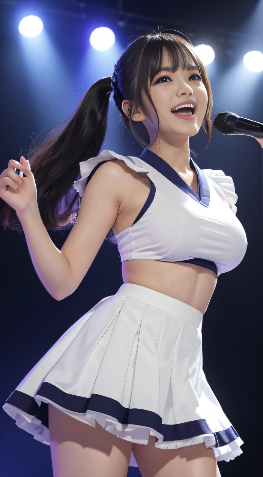 (top-quality,8K,masterpiece:1.3,),(超A high resolution,Photorealsitic:1.4,Raw photography),(ultra-detailliert,Ultra-dense muscle,Caustics),(Singing Japan Idol), (Dance on live stage),(skirt rift),1人,20yr old,kawaii,Laughing with open mouth,japanes,A dark-haired,poneyTail,Blue and white miniskirt costume,large boob,(Live Stage),Holding the microphone in her hand,Looking at the camera,thigh focused,(Low camera position:1.1),(low angles:1.1),(Gaze:1,3),spot light,Rays of Light