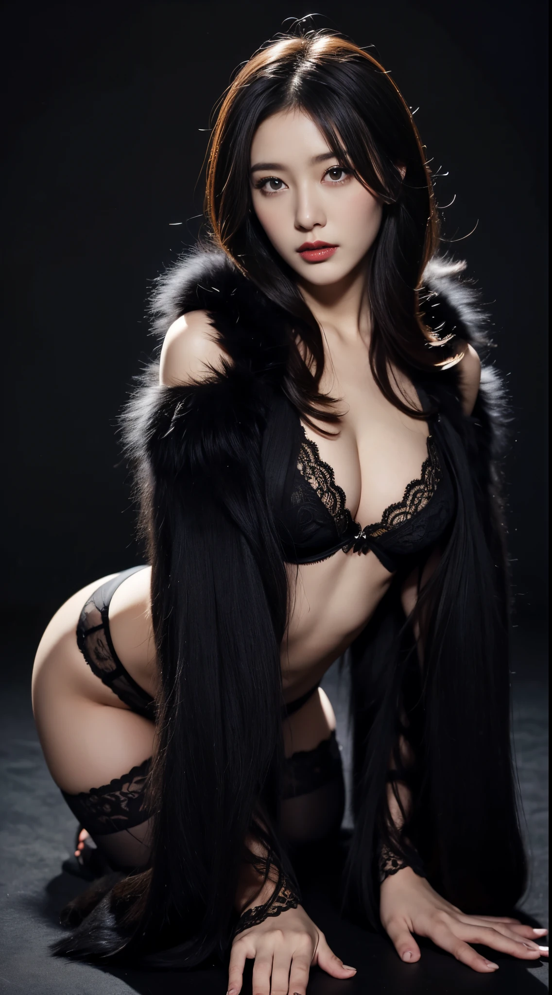 Black lace underwear、Sit on a man on all fours and trample a man、Black fur coat、Japan beauties、Complete top quality、dark backgrounds、Pitch black space、Deities々Lighting