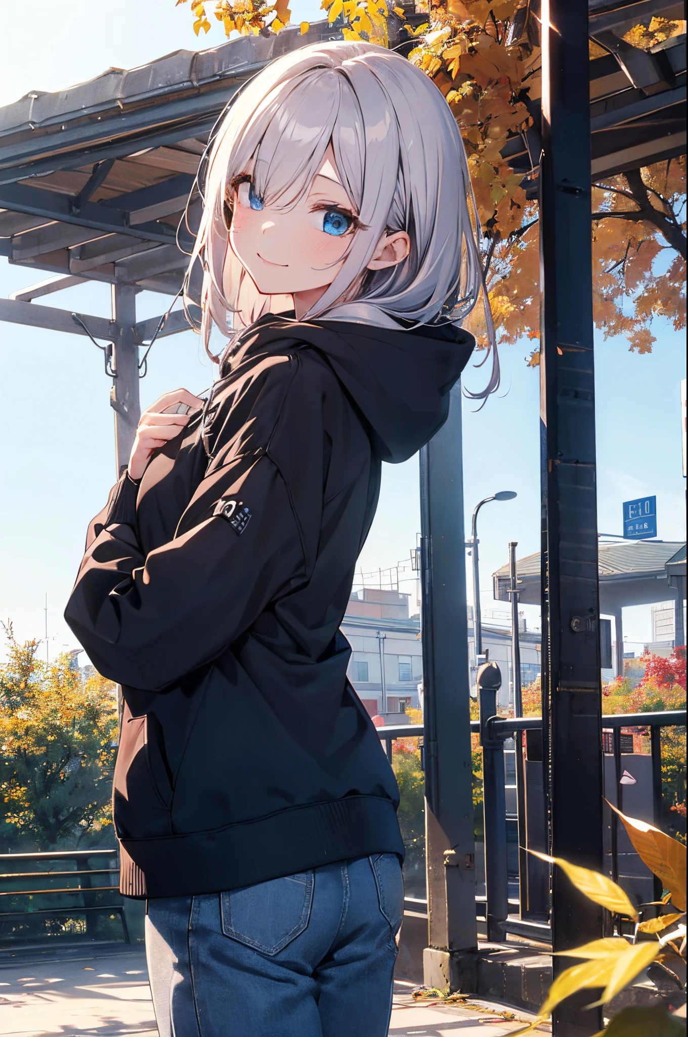 (Girl with a nasty appearance:1.3)、(Daytime hours:1.5)、(and chest:1.4)、Raw photography, top-quality, hight resolution, (masterpiece), (Photorealsitic:1.4), (Mole under the eyes),Anime Cosplay, foco nítido, nffsw, 8K分辨率, intricate detailes, depth of fields, the Extremely Detailed CG Unity 8K Wallpapers, front lit, femele,25-years old、 Happy face,Smiling、Bangs covering one eye、(tying hair:1.5)、(Medium Showtrain Bo Hair)、(Big hoodie)、blue eyess,(a park:1.5)、(Walk:1.3)、(Full body depiction)、cell phone、(from back view:1.2)、shining world、Autumn、tree々、Winters、midwinter