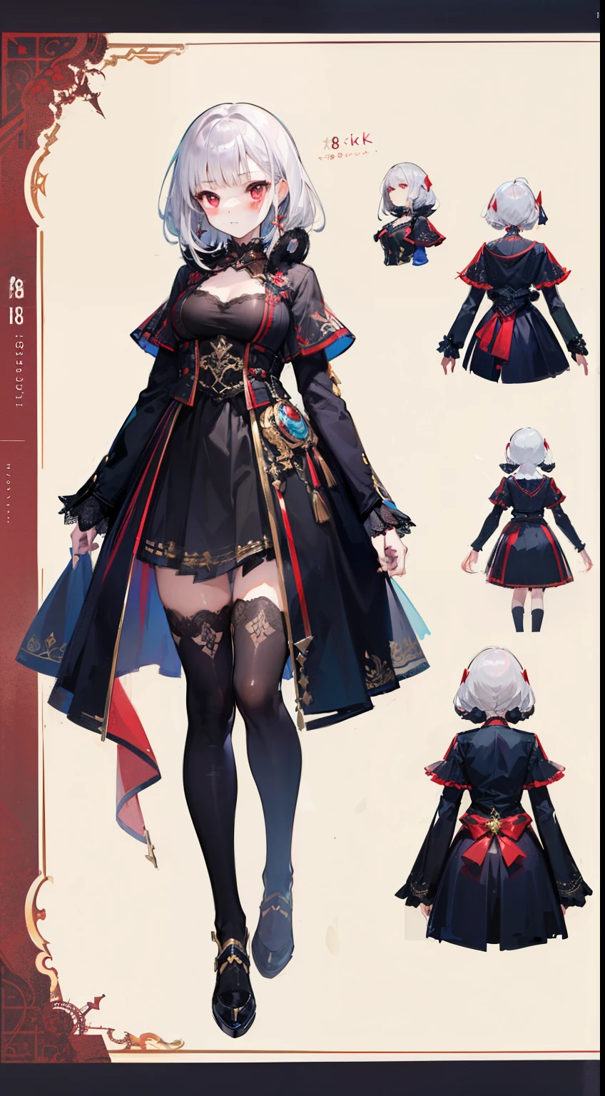 (((8K,top-quality)))1 young girl, character sheets, concept-art, full body Esbian, (masterpiece:1.2), (Top image quality:1.3), 1girl in, is standing, length hair,Diabolical,Silvery hair,Red Eyes