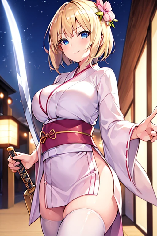 1girl, blonde hair, short hair, yukata, white yukata, pink trim, wide hips, breasts, blue eyes, smile, sword, large breasts, light smile, white thighhighs, thighhighs, pantyhose