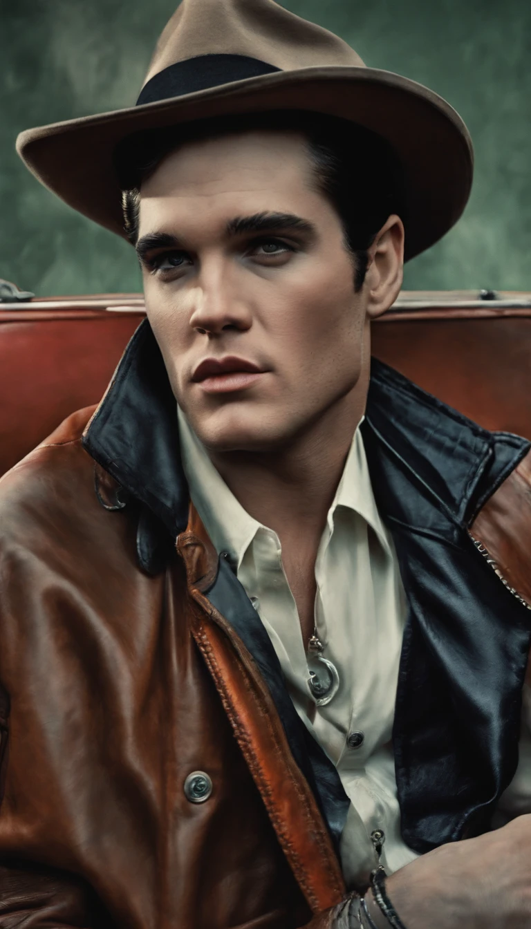 Editorial portrait of Elvis Presley by Jamie Hewlett in the style of Gorillaz illustration, vivid colors, dynamic composition, detailed hyper-realistic outfit, pop culture, gadegtpunk, style expressive,