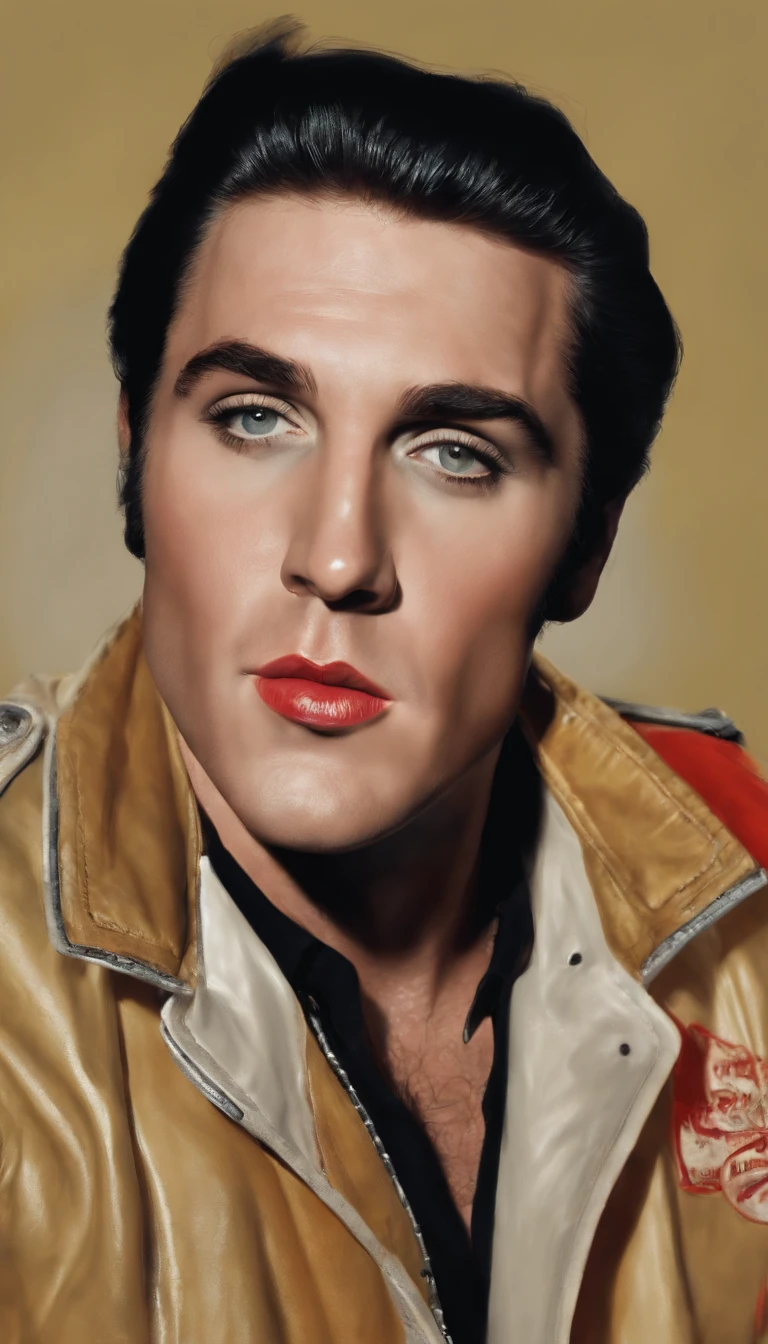Editorial portrait of Elvis Presley by Jamie Hewlett in the style of Gorillaz illustration, vivid colors, dynamic composition, detailed hyper-realistic outfit, pop culture, gadegtpunk, style expressive,