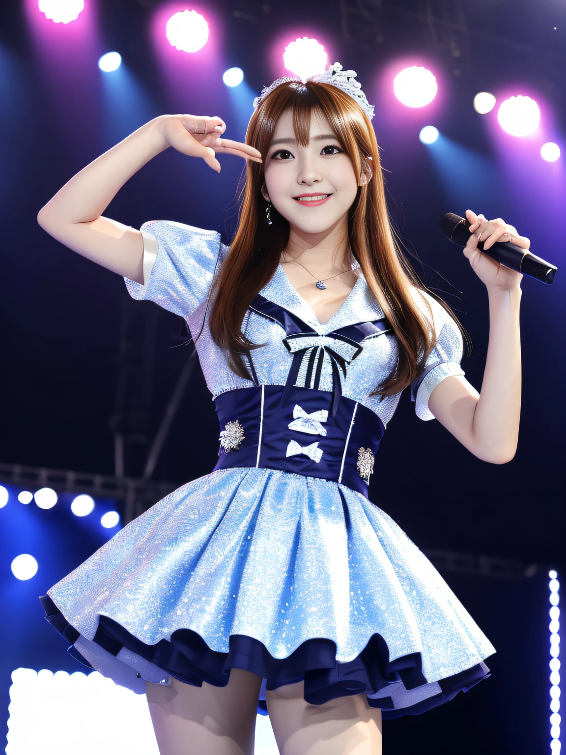 realisitic, Photorealsitic, masterpiece, top-quality, 1girl in, 独奏, in stage, Stage lighting, Stage Spotlight, looking at the viewers, a smile, idol_singing_costume, (pureerosface_v1:0.8),韓国アイドル、Japan idle、女優、hposing Gravure Idol