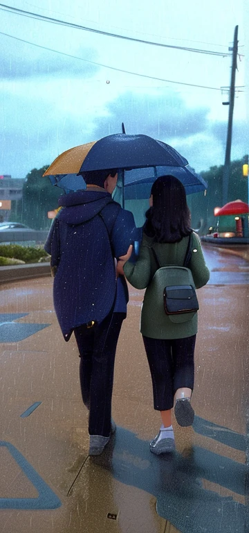 they are walking down the street with umbrellas in the rain, walking together, at evening during rain, with a backpack, during dawn, back to us, couple, student, during sunrise, lovely couple, man and woman walking together, on a rainy day, during sunset, walking away from camera, they are in love, walking away from the camera, walking away