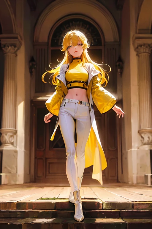 a girl, full body, (masterpiece:2, best quality, high quality, best quality, ultra high res), (real picture, intricate details), (1 lady solo, full body, small breasts), 1girl, beautiful, full body, (long hair:1.2, himecut:1.2, bright blonde hair: 1, yellow hair, light orange blond:1), (closed mouth:1), (wide open eyes:1.2), soft smile with yellow eyes, warm yellow shirts, cropped top, long yellow tailcoat, long sleeve, yellow long cotton pants, knee-high boots